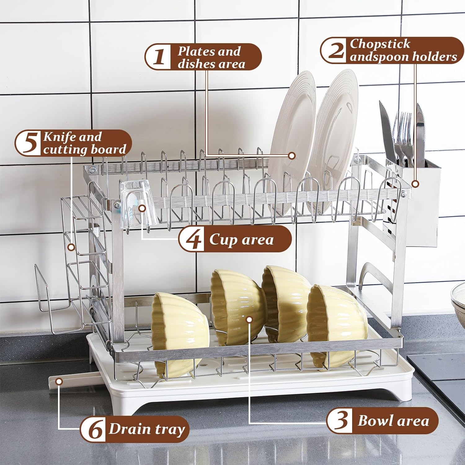 LemonRoad 2 Tier Dish Drying Rack Set Large Capacity Stainless Steel Dish Drainer Rack for Kitchen Counter Removable Plate Strainer Shelf with Drain Board Utensil Holder Drain Spout Cup Holder, Sliver