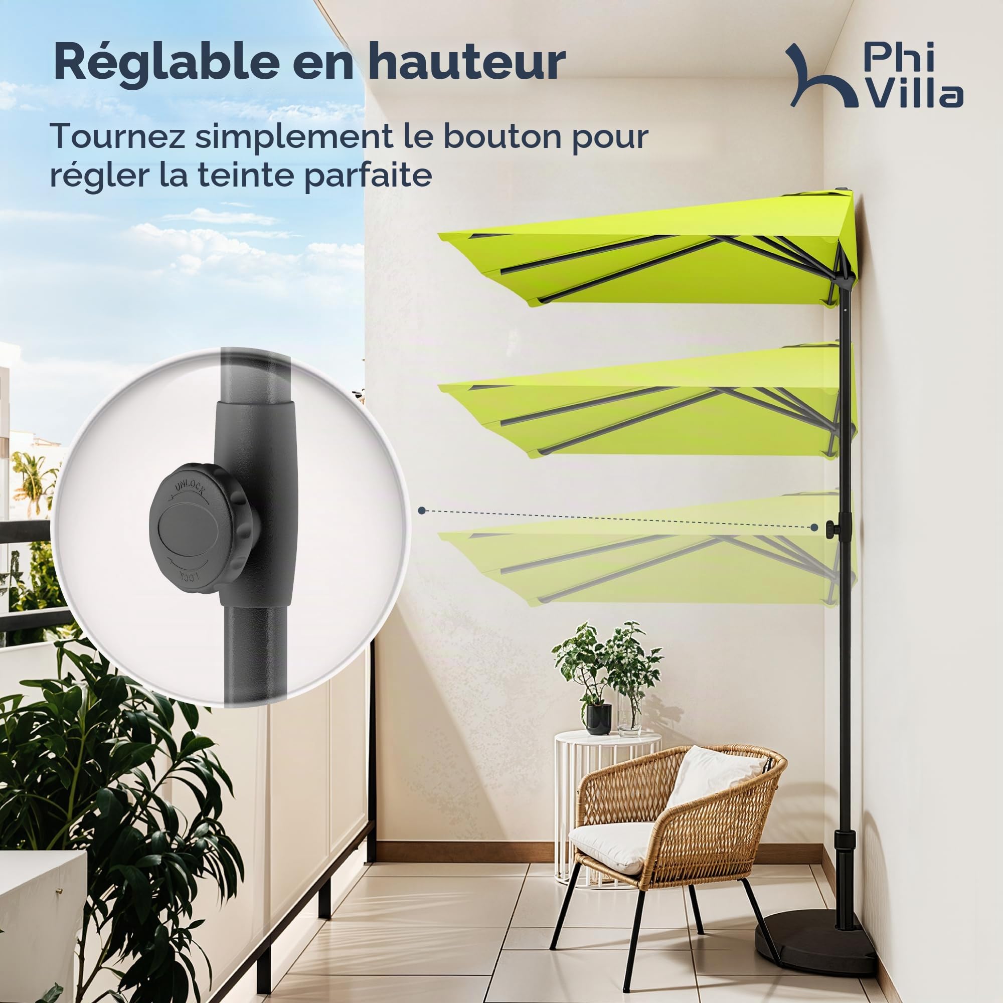 PHI VILLA 250 x 130 cm Demi-parasol réglable en hauteur avec pince, résistant au vent, stable, à emporter, protection UV50+, pour jardin, terrasse, balcon, balustrade, table