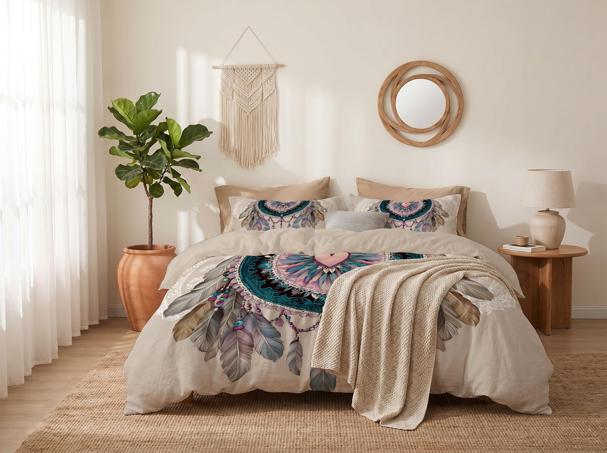 Wendebettwäsche 240X220 Beige Bohemianischer Traumfänger Schlafzimmer Bettwäsche 3Tlg, Retro-Federn Bettbezug Und 2 Kissenbezug, Weiche Mikrofaser Deckenbezug Mit Reißverschluss