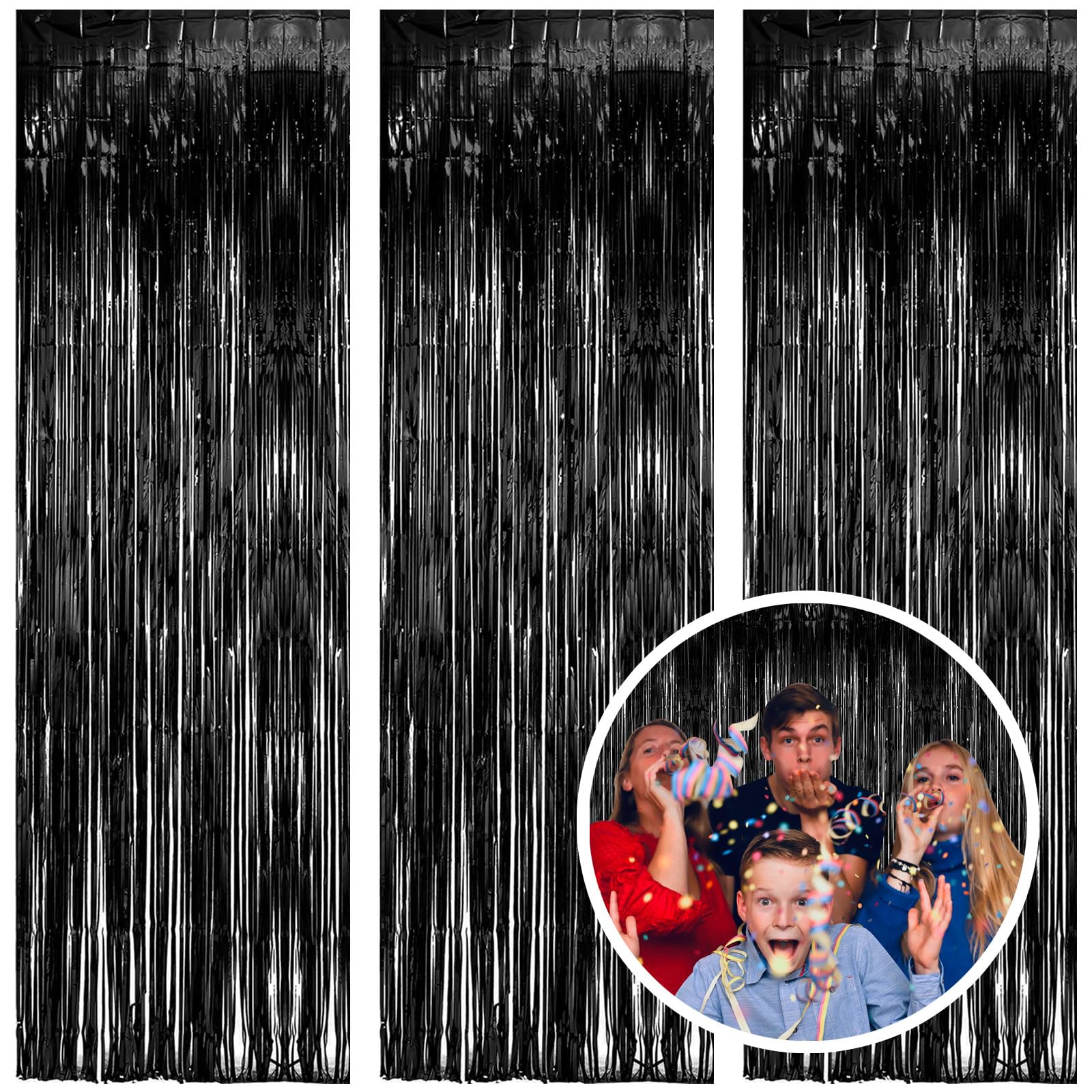 3 Pack Black Fringe Backdrop Streamers Halloween Party Decorations Black Tinsel Foil Curtains Photo Booth Backdrop Birthday Wednesday Twilight