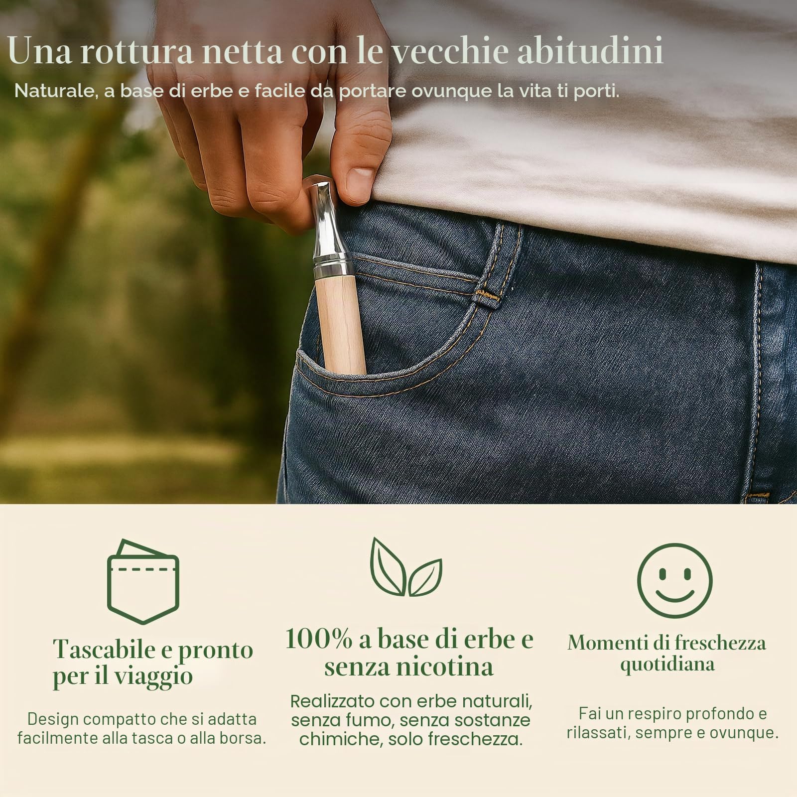 Herbal Air Stick - Inalatore senza fumo, barile in legno d'acero e punta in acciaio inox, 4 fragranze: menta, limone, anguria e non profumato, diffusore di aromi rilassante, portatile, non