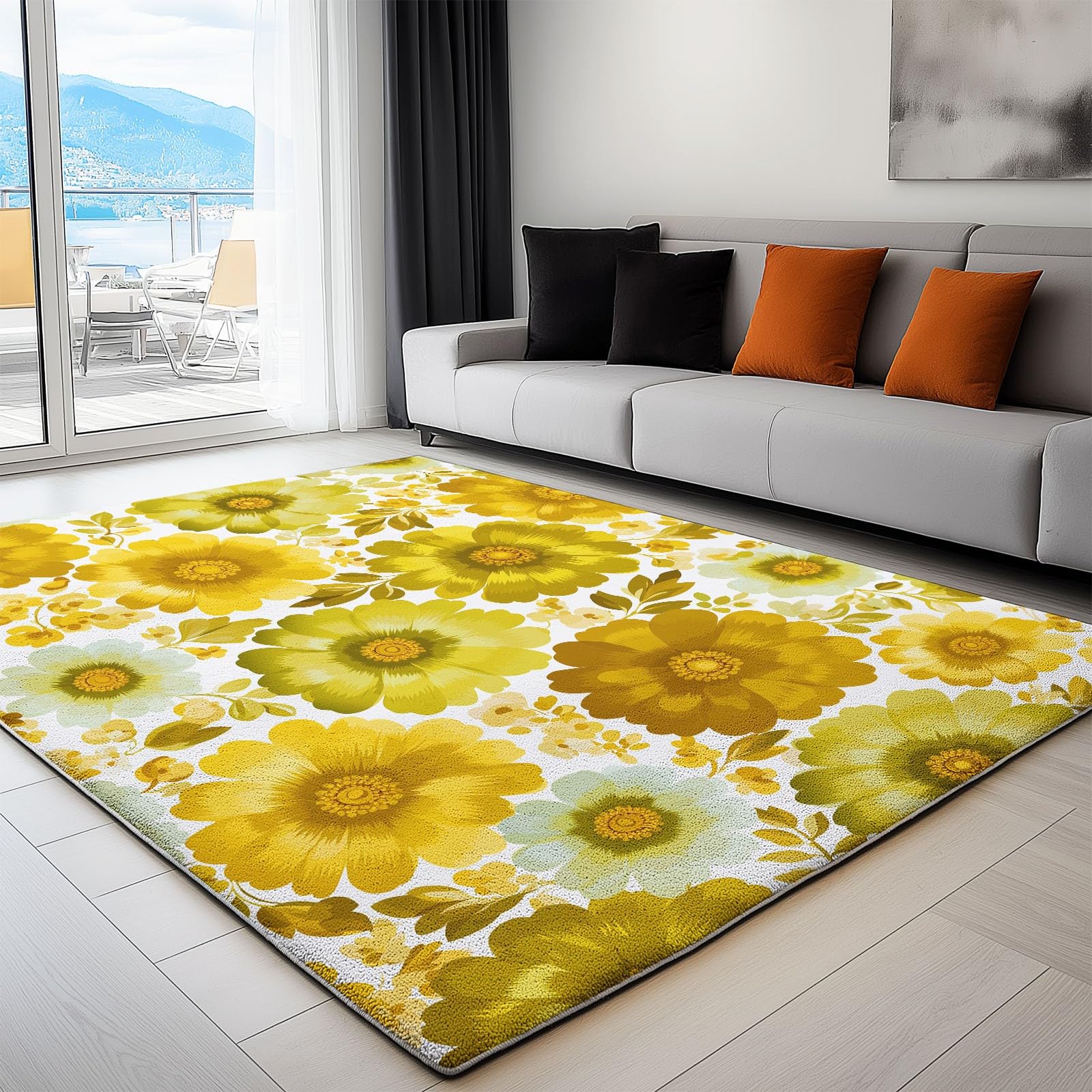 Dywan dziecięcy Retro Kwiaty Rośliny 180 x 240 cm - Wycieraczka do drzwi do wnętrz i na zewnątrz Żółta antypoślizgowa i pyłoszczelna wodoodporna mata wejściowa dla nastolatków dziewcząt