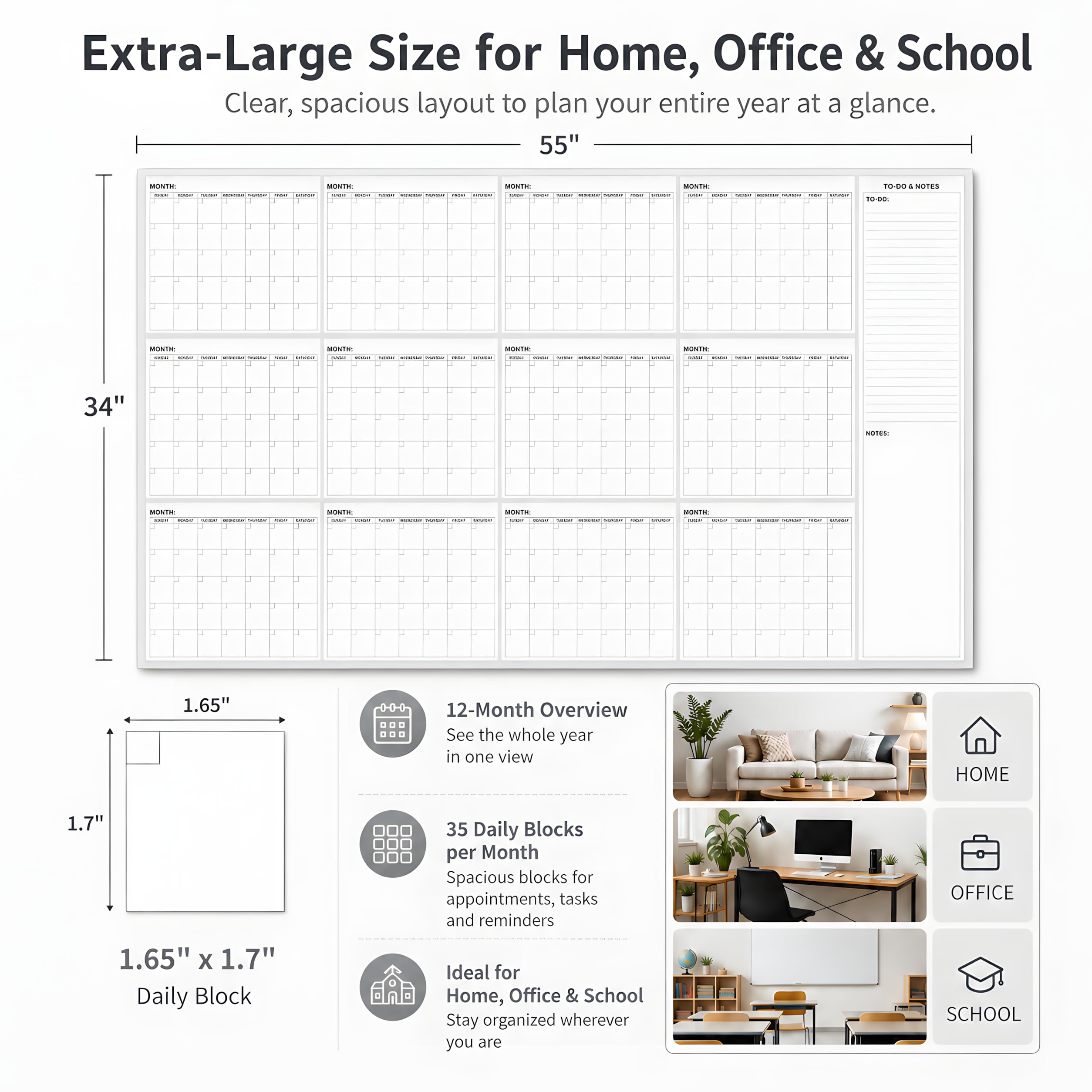 Calendario da parete extra large cancellabile a secco, 139,7 x 86,4 cm, non datato, 12 mesi, cancellabile a secco, riutilizzabile, planner mensile verticale cancellabile per casa, ufficio, scuola