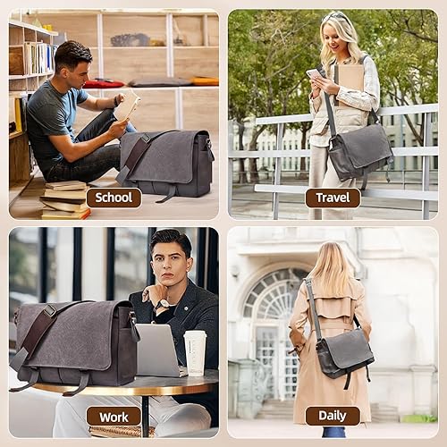 Miniatura 6 de Bolsa de mensajero para hombre, bolsa para laptop, unisex, bolsa de lona retro, 14-15.6 pulgadas, casual, bolsa de hombro individual para trabajo,