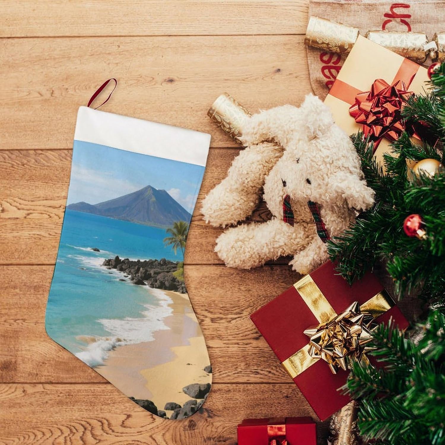 Beautiful Coastline of Volcanic Island Christmas Stockings with 10.2 Inch Plush Cuff - 16.5 Inch Large Xmas Stockings for Fireplace Hanging, Traditional Holiday Decor for Family Christmas Party image 5