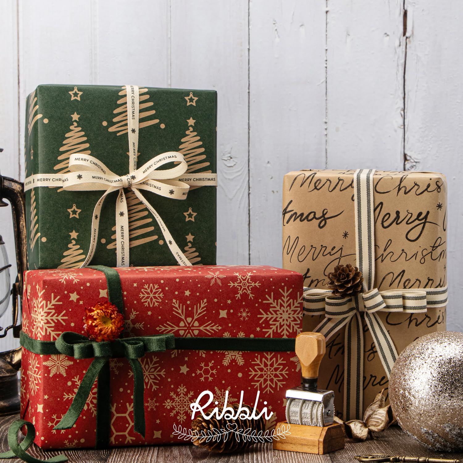 Ribbli Papel de regalo de Navidad, papel kraft rojo y verde, copos de nieve, árbol de Navidad, 3 rollos, surtido vintage impreso de Navidad, mini rollo de 17 x 120 pulgadas por rollo