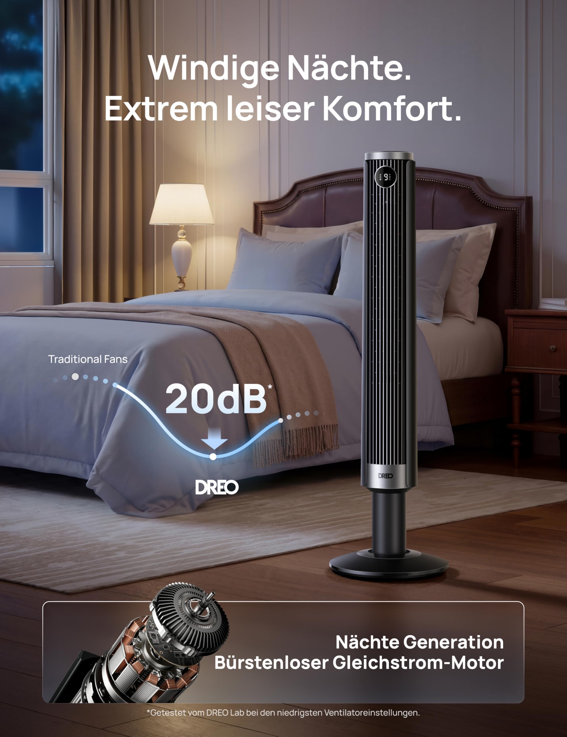 DREO Smart 102–114cm Turmventilator fürs Schlafzimmer, Höhenverstellbar, 8.4m/s, DC-Motor, 9 Stufen, 4 Modi, 90°-Oszillation, Standventilator, 20dB Leise, 12H Timer für Zuhause und Büro, Google/Alexa