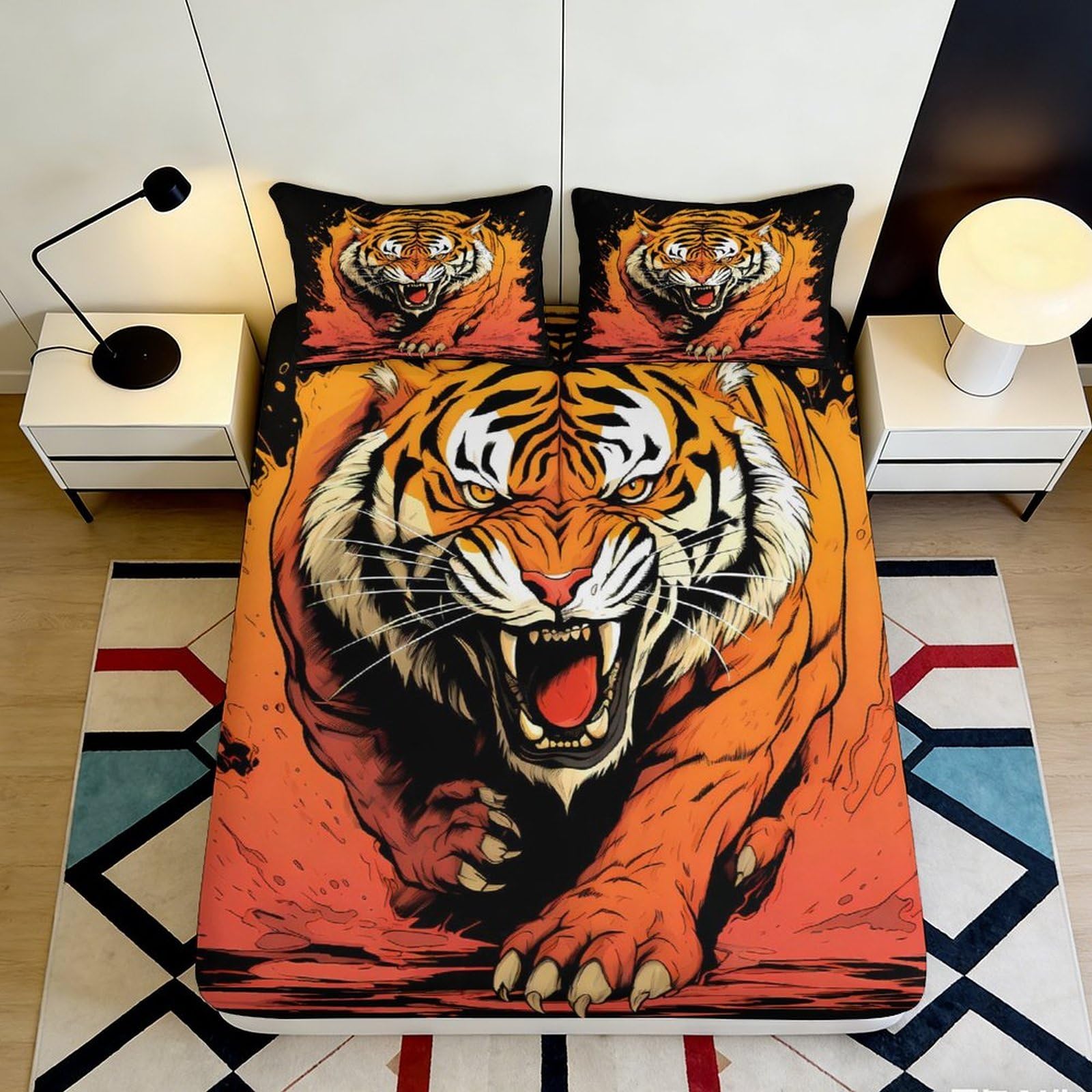 3D Printed Fierce Tiger Fitted Sheet Microfiber Soft Durable Roaring Tiger Bed Cover for Bedroom Dormitory Guest Room Mattress Protection Decor 180x200x25cm