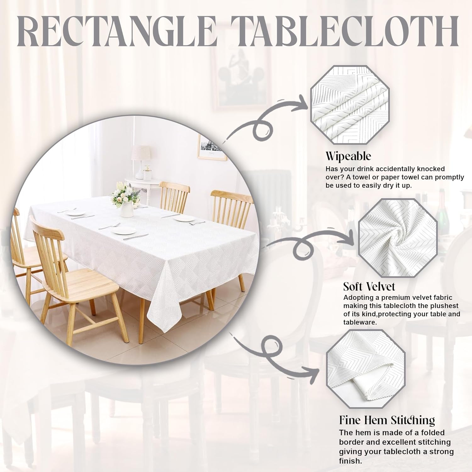 Majestic Giftware Velvet Tablecloths for Rectangle Tables | (70/108) - TC1407 Silver Geometric Print Hem Stitch Dining Table Cover | Decorative Washable Rectangle Tablecloth for Kitchen, Dinning