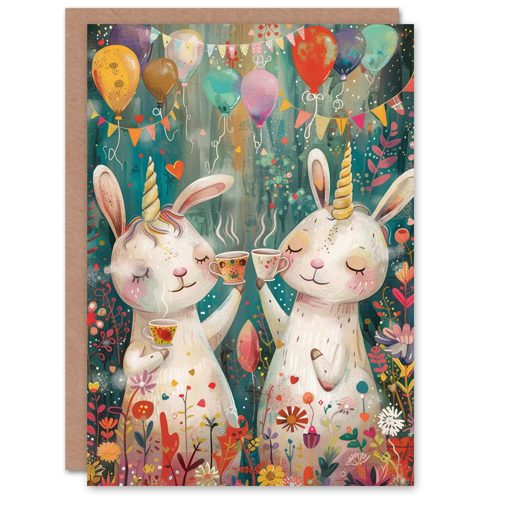 Artery8 Birthday Card Cute Bunny Rabbit Unicorn Balloons Forest Party For Child Kids Son Daughter Greeting Card