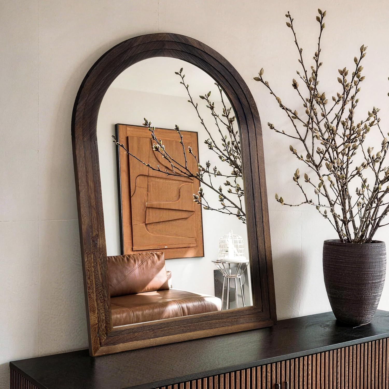 Arched Bathroom Mirror, 36"x24" Brown Wood Frame Wall Mirror, Farmhouse Vintage Vanity Mirror with Layered Frame for Entryway, Living Room, Bedroom