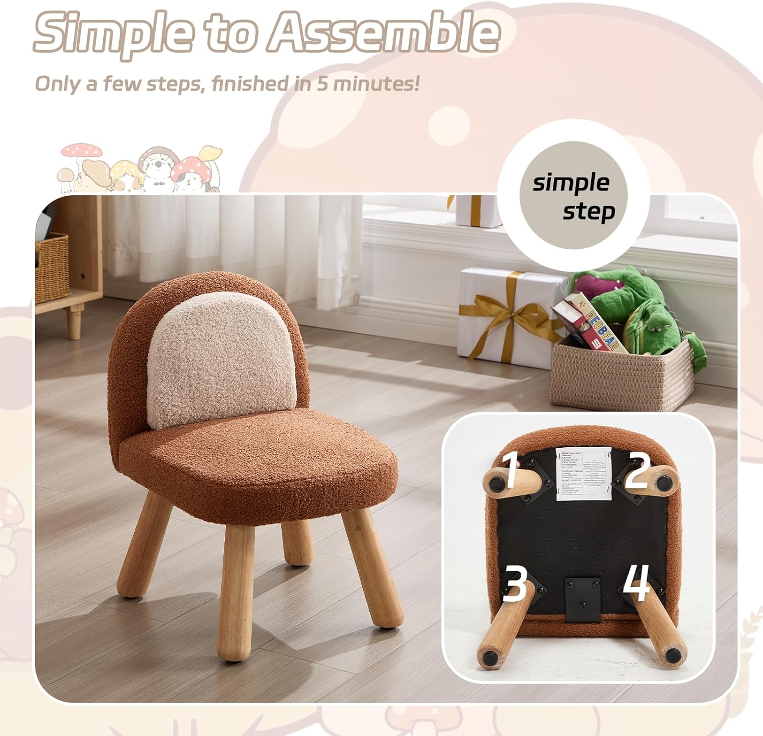 Kid Chair, Toddler Chairs Comfy Sherpa Chair, Wood Toddler Couch Sofa, Soft Kid Reading Chair, Boy Girls Desk Chairs for Gifts, Kids Armless Chair with Padded Back for Playroom/Bedroom, Brown