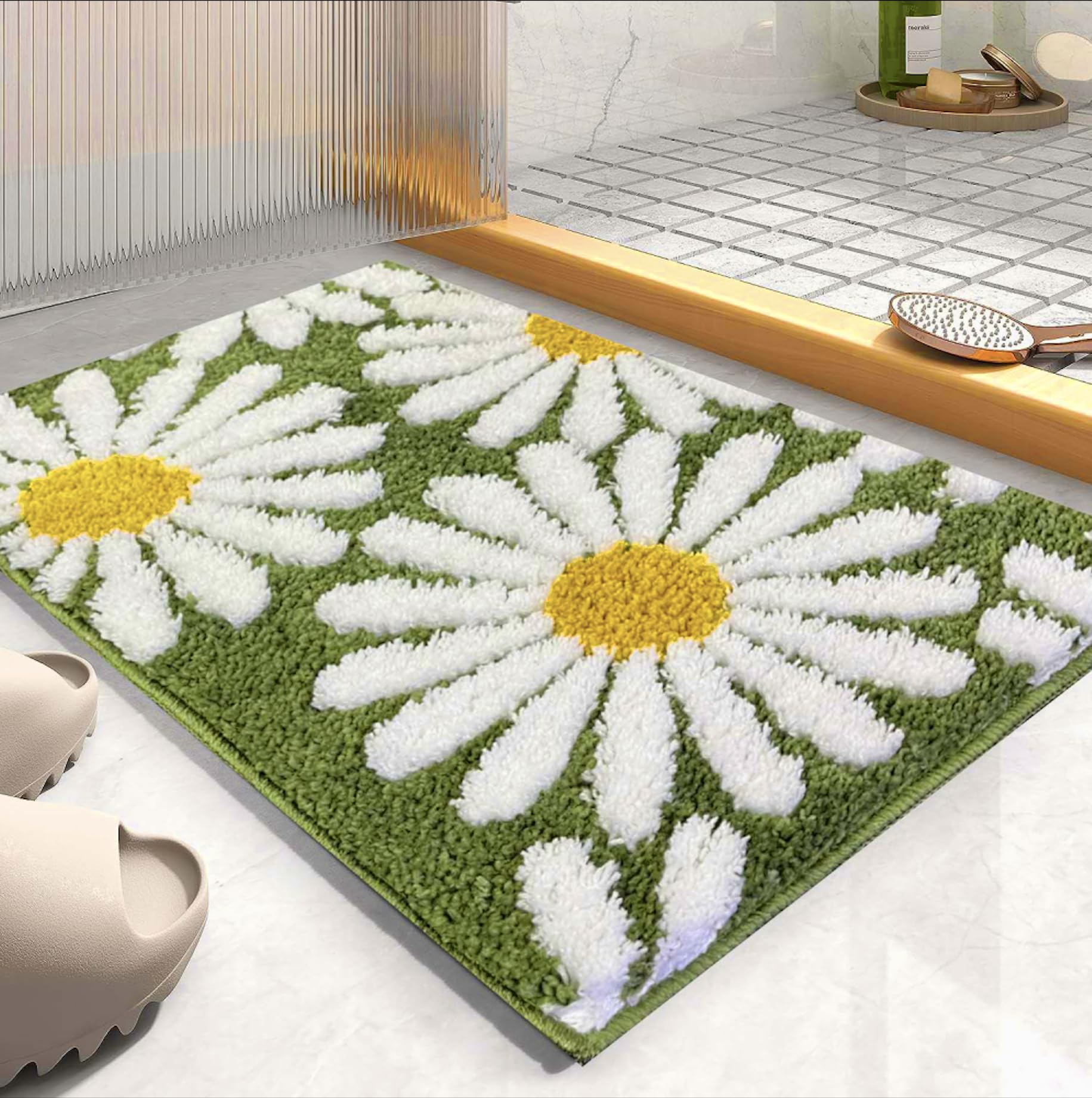 Flower Floor Mat / Rainbow × Ecru beige Roseate Flower Anti Skid Super Soft Mat (40x60 cm) Bedroom/Hall