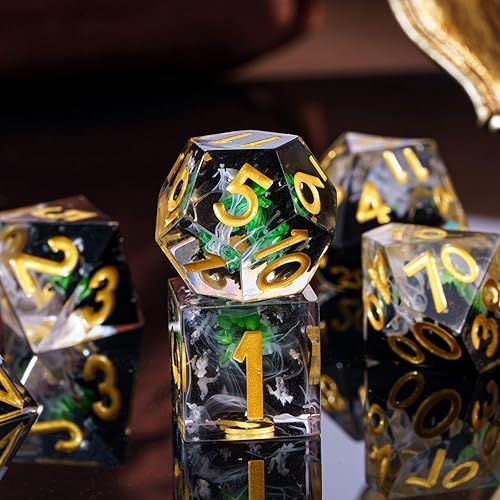 Miniatura 3 de Cusdie Dados DND de bordes afilados, 7 piezas de dados de flores D&D D20 D12 D10 D8 D6 D4, juego de dados poliédricos hechos a mano para Dungeons &
