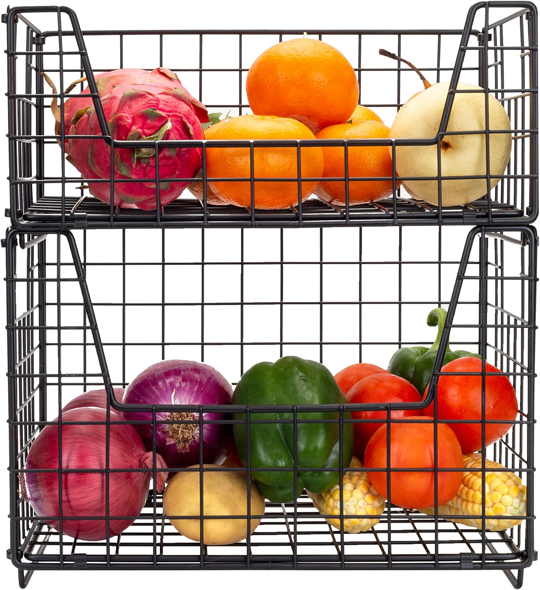TIEYIPIN 2 Tier Metal Wire Storage Basket, Stackable Fruit Vegetable Food Baskets Cabinet Organizer Pantry Bin for Home Bathroom Kitchen Office Organization - Black