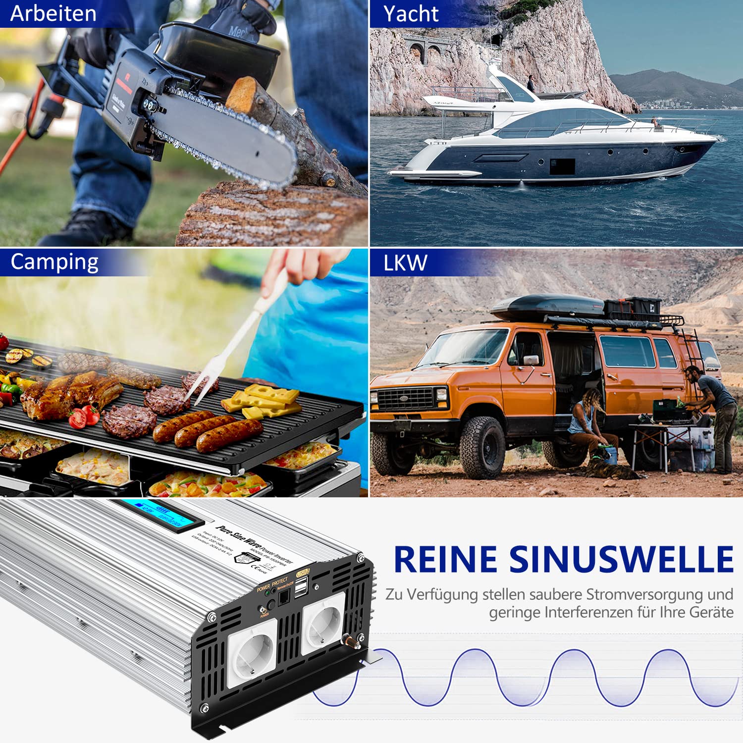 GIANDEL Czysty sinusoidalny falownik 1500 W DC 12 V na AC 230 V przetwornica napięcia z 2,4 A, podwójne porty USB i pilot zdalnego sterowania oraz wyświetlacz LCD do samochodów ciężarowych
