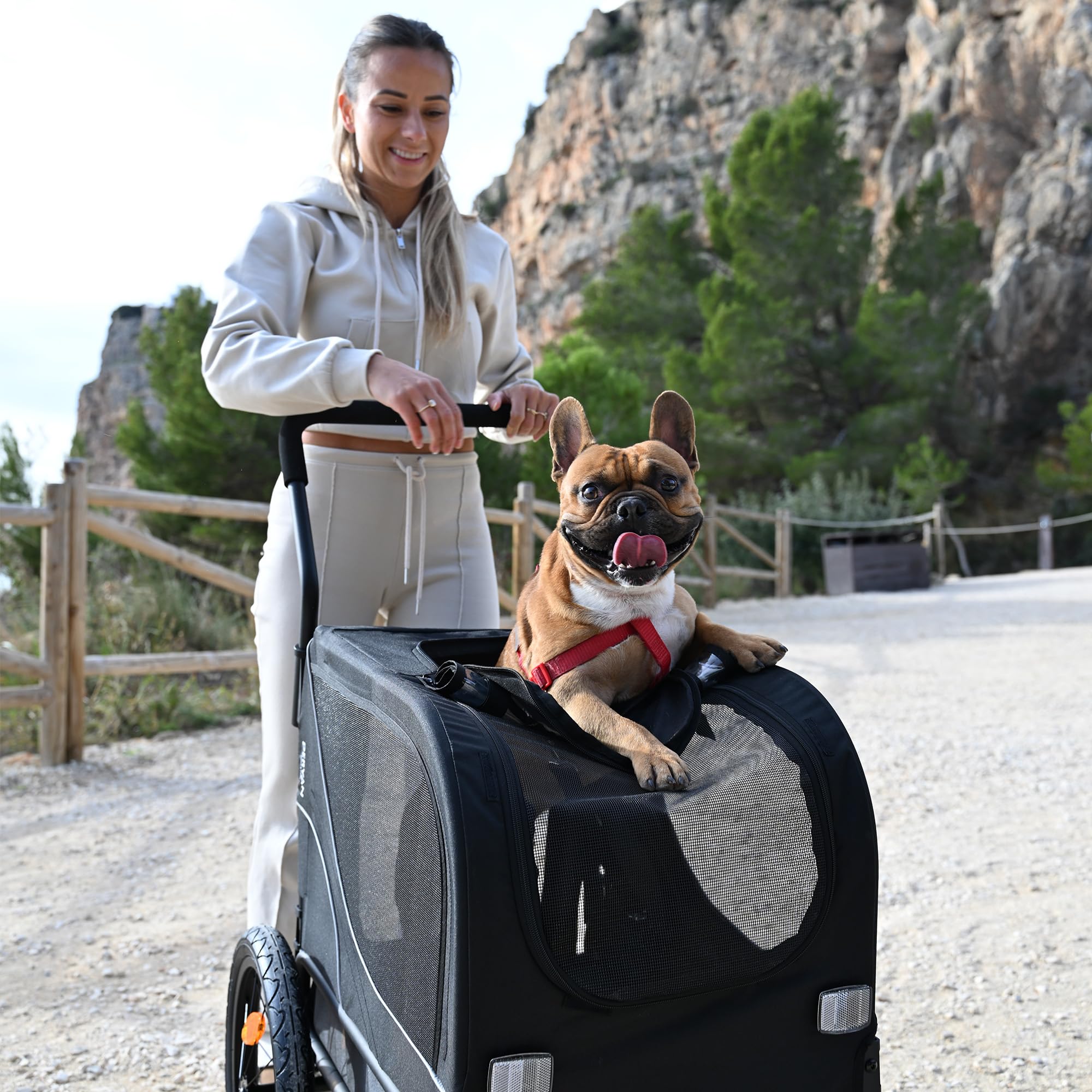 Deryan Hundefahrradanhänger 2-in-1 für Hunde - Fahrradanhänger XL, Jogger & Buggy - Zusammenklappbar & Multifunktional - Bis 20 kg - Für E-Bikes geeignet - Federung Fahrradanhänger Jogger - Schwarz