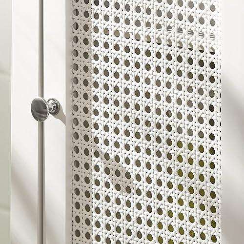 Miniatura 6 de Haotian BZR36-W, Armario de baño alto blanco con estantes abiertos, cajón y puerta de ratán