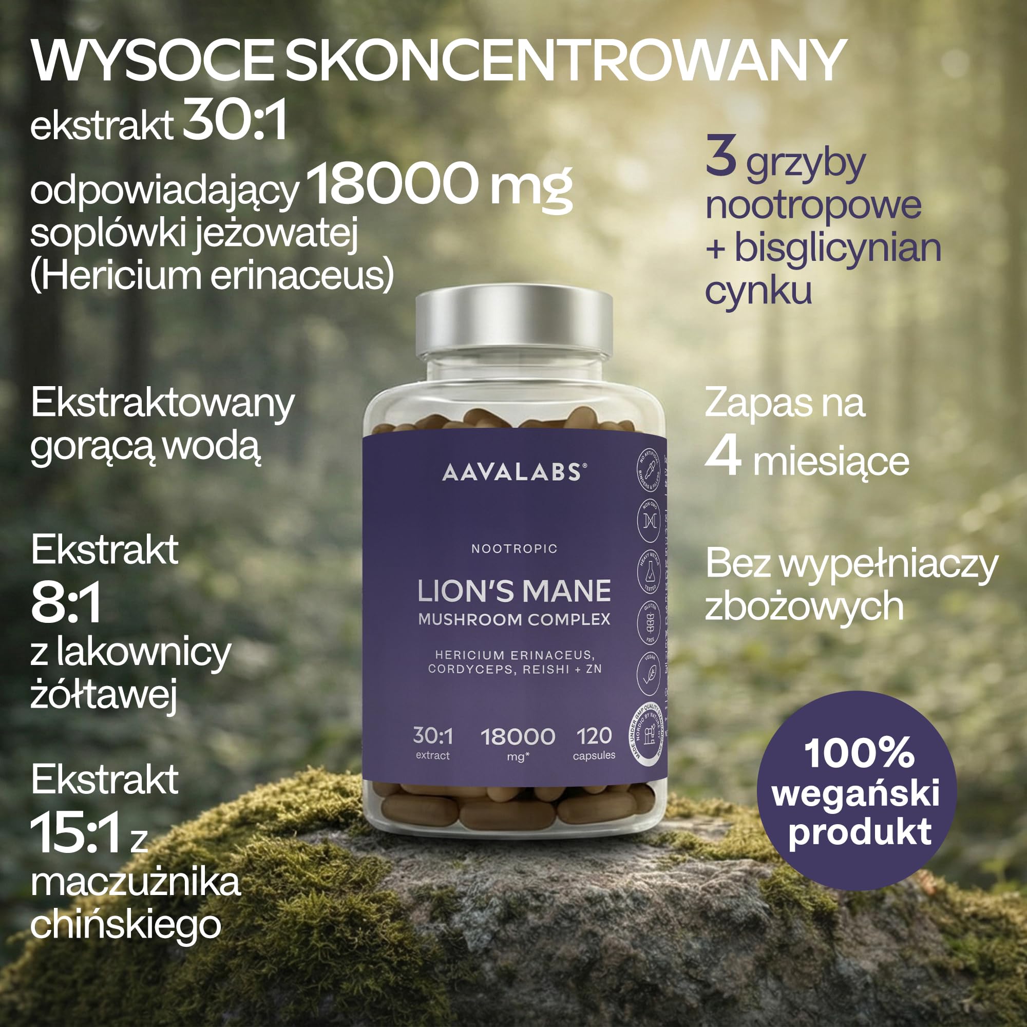 Lions Mane Mushroom Complex, 18000 mg Hericium Erinaceus wysoka dawka - Nootropic 30:1 ekstrakt z grzybów lwa - kapsułki Lwy mane z Reishi, Cordyceps i cynkiem - 120 lionów kapsułek