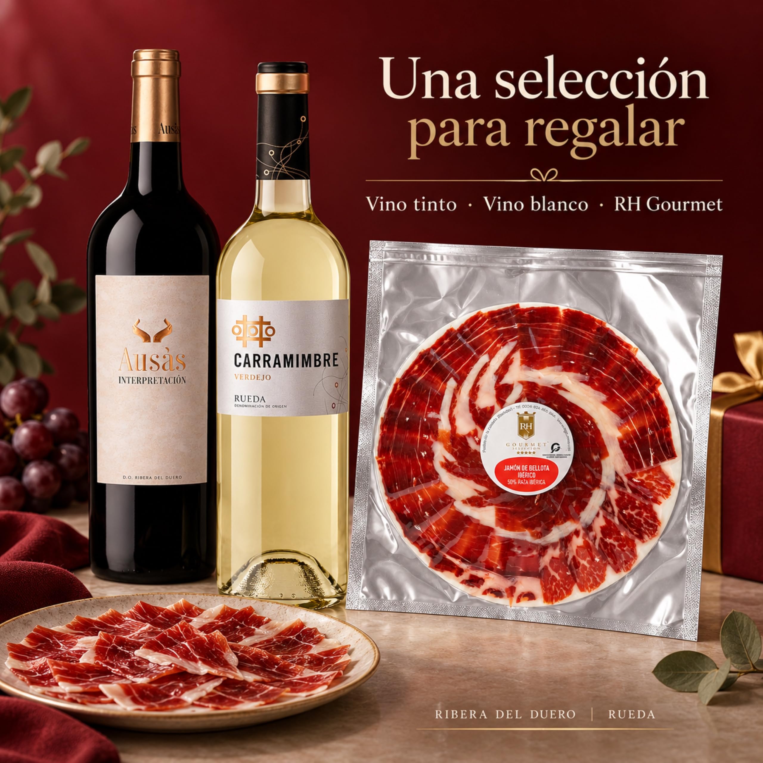 Cesta gourmet Navidad Ausás Interpretación y Carramimbre Verdejo con jamón de bellota ibérico 50% corte a cuchillo 100 g RH Gourmet, pack de 2 botellas 75 cl