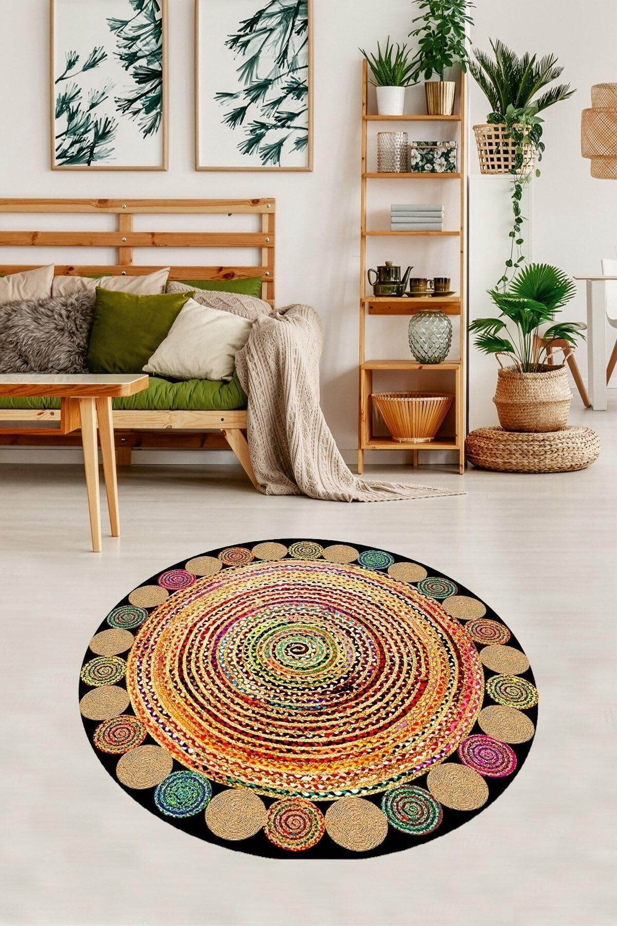 On The Clouds Jüt Hasır Kilim Görünümlü Dijital Baskılı Kaymaz Taban Yıkanabilir Modern Salon Halısı ve Yolluk MEGJ2SY, 160 x 160