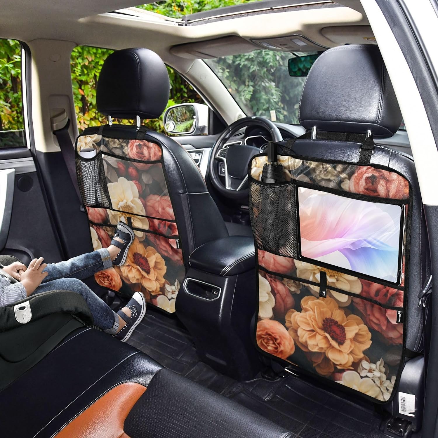 Car Seat Back Protector Yellow Red Flowers Print, Backseat Organizer with Pockets for Tablet Bottle Tissue Book, Auto Kick Mats 25x18 IN 2 Pack