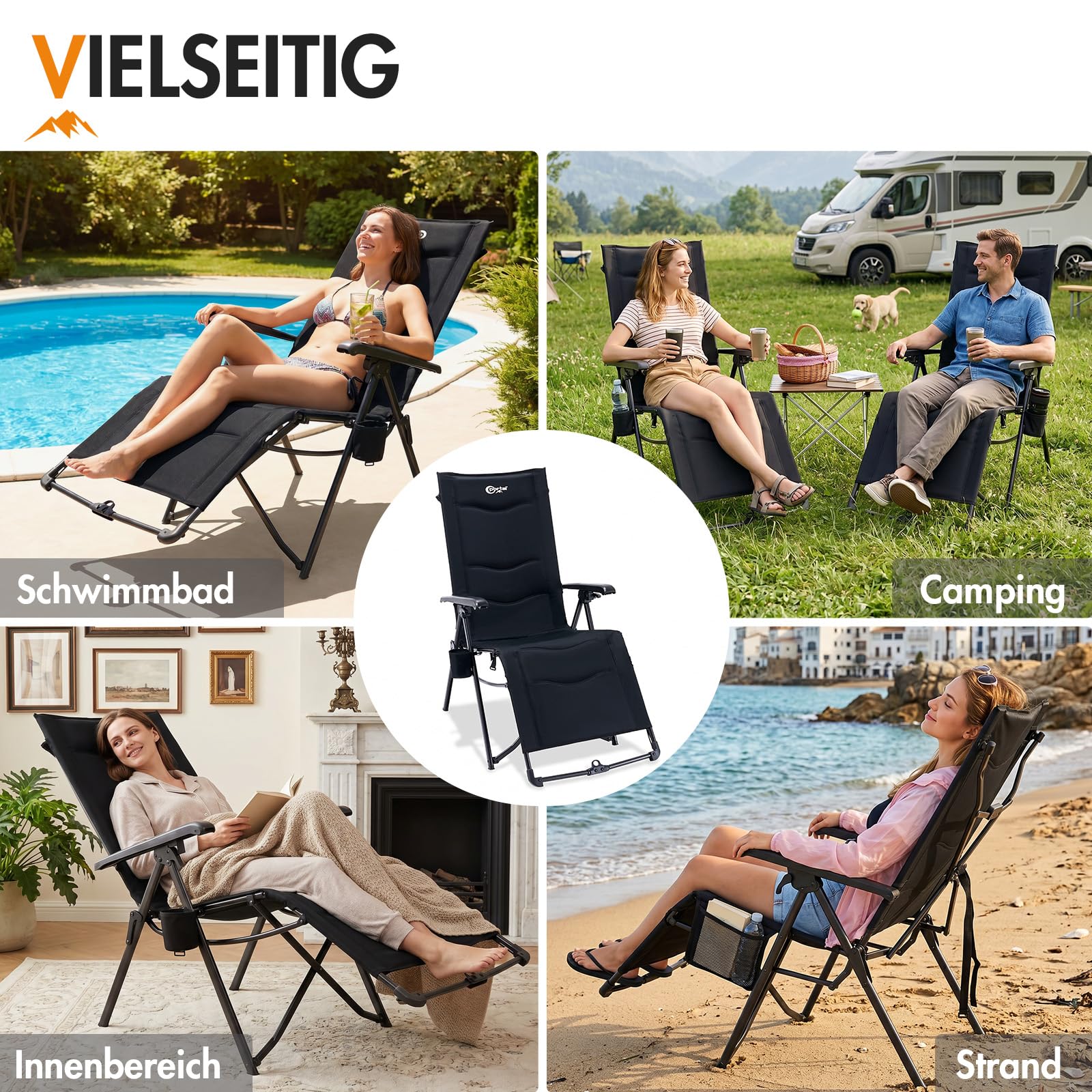 Portal Liegestuhl Klappbar Garten Campingstuhl Faltbar mit Fußablage 180KG Klappliege mit Zero-Gravity-Funktion Sonnenliege im Bündel-Falt-Design verstellbare Liege für Terrasse Strand Indoor