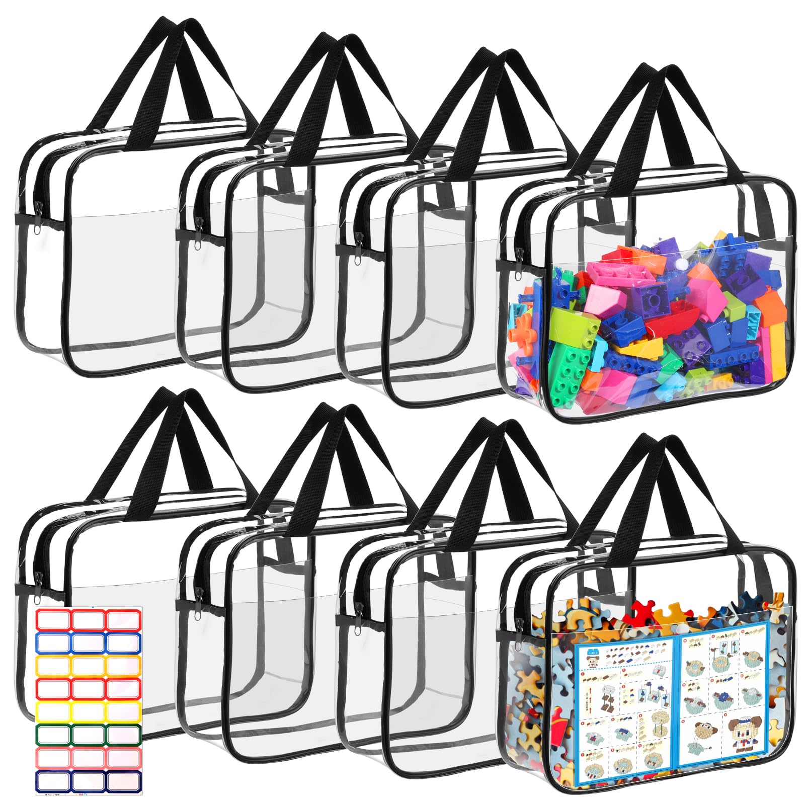 8 Packs Large Toy Storage Bags with Labels&Manual Pocket, Reusable Clear PVC Board Game Storage Bags, Travel Waterproof Organizer Bags with Zipper for Building Blocks, Puzzle, Cosmetic