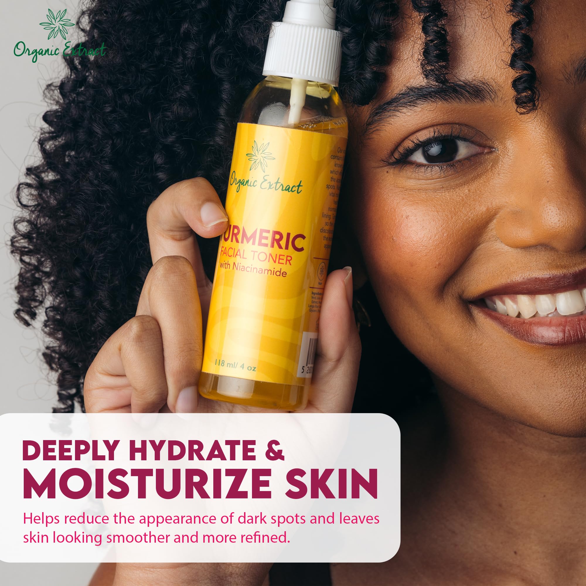 Toner Visage à l'Extrait de Curcuma Bio - 4 fl oz / 118 ml - Tonique Éclaircissant pour le Visage, Élimine Doucement les Impuretés - Tonique Exfoliant et Hydratant avec Glycérine, Aloe Vera