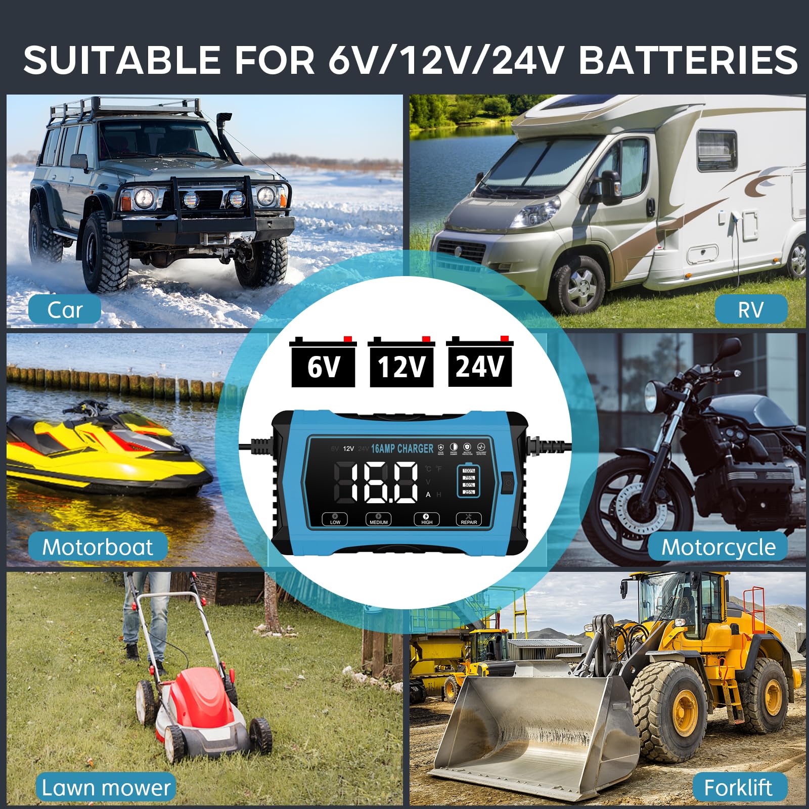 Haisito Chargeur de voiture 16 A, 12 V, 16 A, 24 V, 10 A, batterie au lithium LiFePO4, chargeur au plomb acide (AGM, SLA etc.) avec fonction de charge à 10 niveaux, écran LCD pour voiture