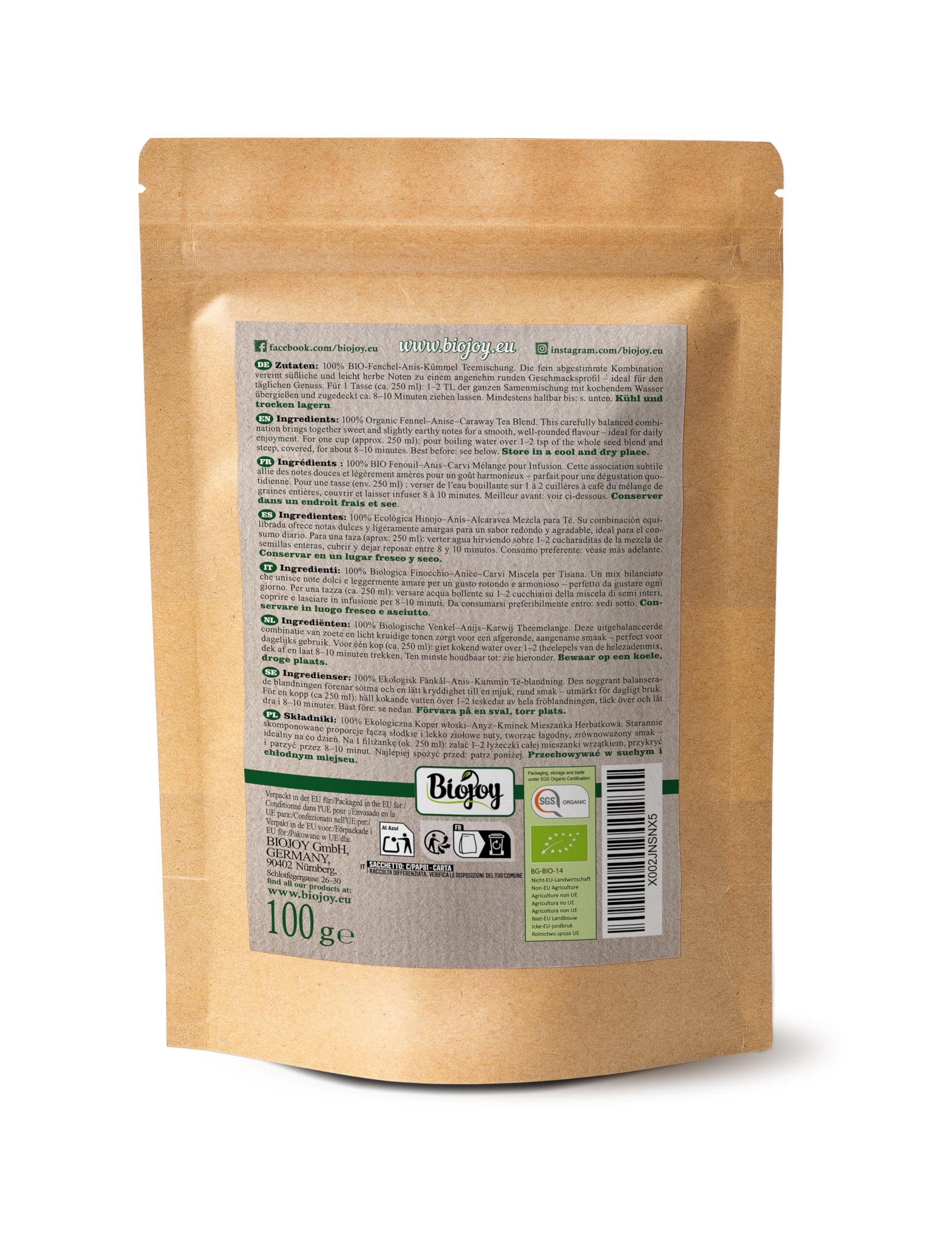 Biojoy Organiczna Herbata z kopru włoskiego, anyżu i kminku luzem (100 g), całe nasiona