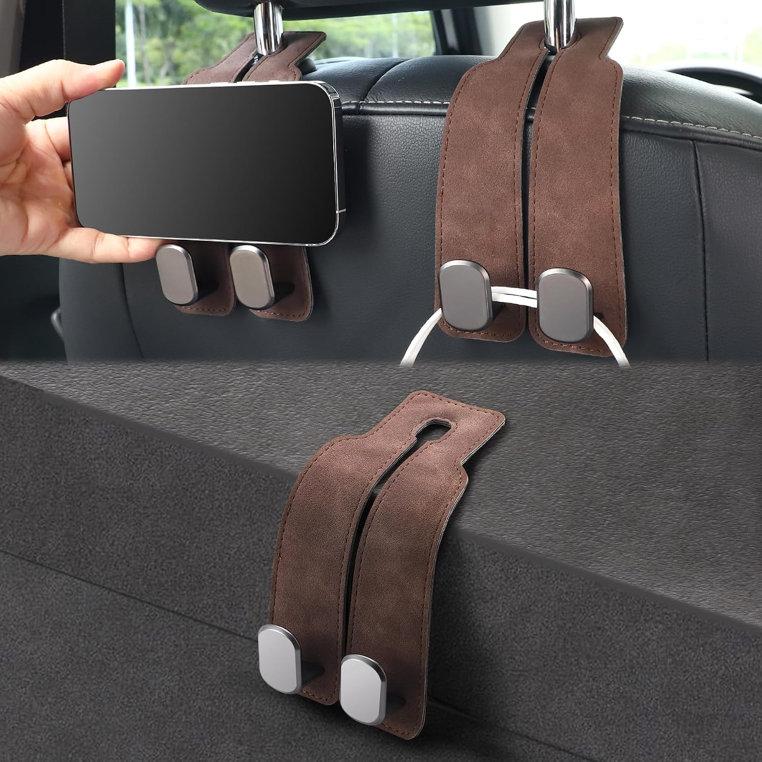 LivTee Headrest Purse Hook for Car, Seat Hook Hangers Storage Organizer for Bags and Coats Holder, Upgrade Leather Double Hook and Mobile Phone Holder for Universal Vehicle Car Accessories (Brown)