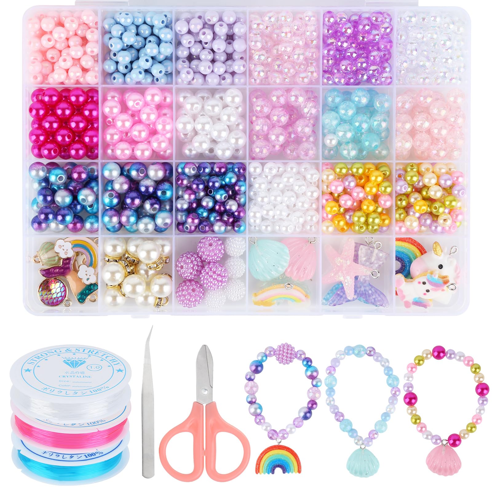 RVLZKCPG 773Pcs Pearl Beads, Coloured Beads for Kids, DIY Bracelet Beads, Beads for Jewellery Making with Unicorn, Butterfly, Mermaid Decoration Pendant, Birthday Gifts for Girls