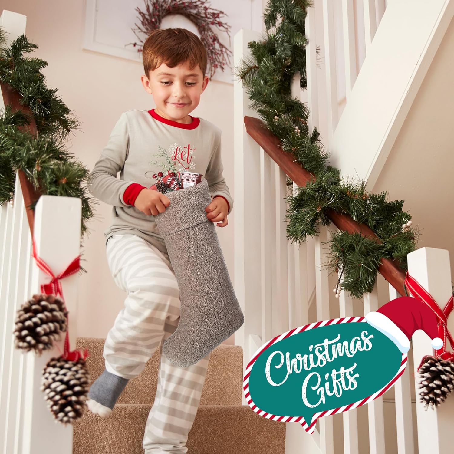 Neutral Christmas Stockings 4 Pcs 18 Inch Large Plush Beige Brown Stocking Faux Lambswool Xmas Hanging Decor for Holiday Christmas Party Family Fireplace Decoration(2 Colors) - Image 5