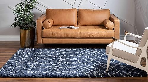 Miniatura 3 de Unique Loom Rabat Shag Collection - Alfombra geométrica (5 pies 3 pulgadas x 8 pies, rectangular, azul marinomarfil)