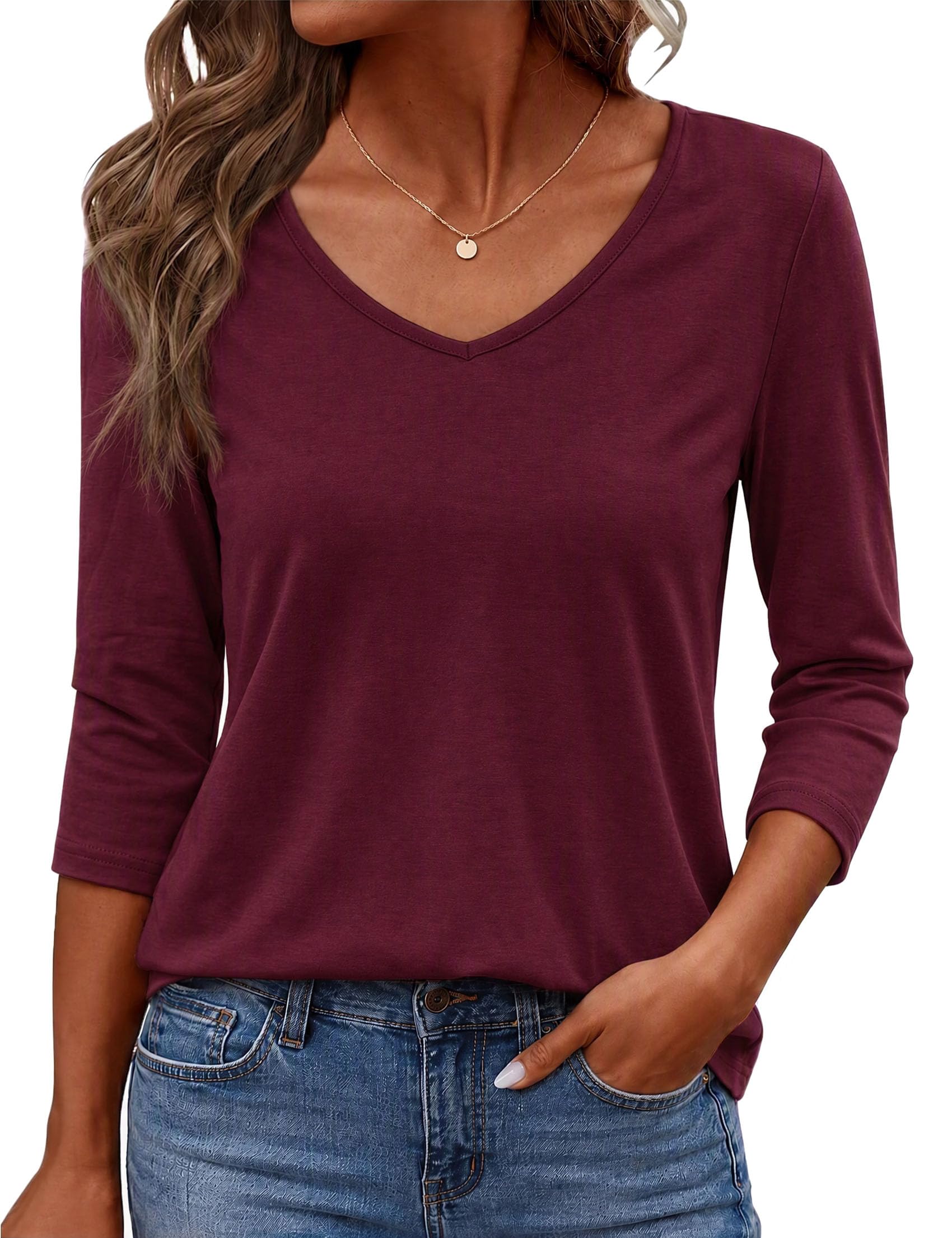 Terecey Damen T-Shirt 3/4 Arm V-Ausschnitt Locker Oberteile Basic S-XXL | Elegant Einfarbig Frauen Blusenshirt , 65 % Polyester, 35 % Baumwolle, Locker für Frühling und Sommer, Stretch Lässig Top