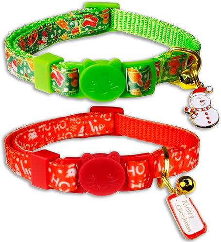 Miniatura 8 de Pohshido Paquete de 2 collares de gato de Papá Noel de Navidad con pajarita y campana, lindo collar de gatito navideño para niños y niñas