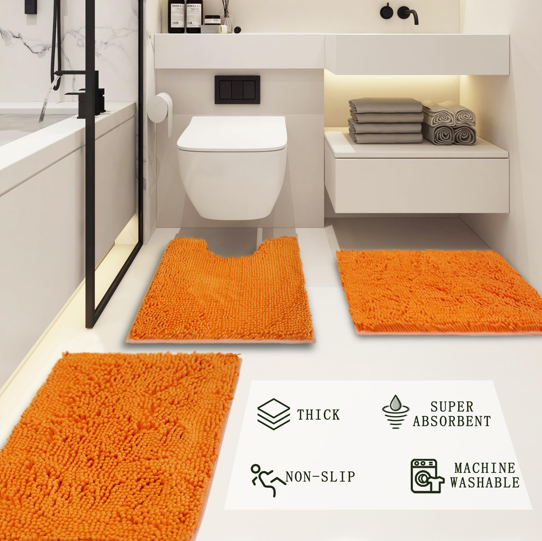 Lot de 3 tapis de salle de bain en chenille, très épais et absorbants, antidérapants, lavables en machine, séchage rapide, doux et confortable, utilisés sous la douche, baignoire et évier,