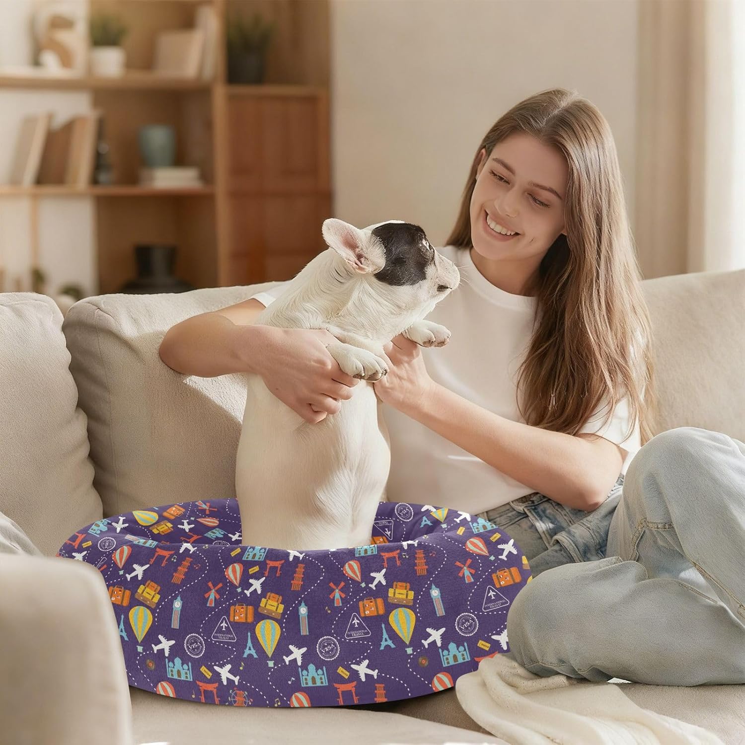 Pet Dog Beds Removable & Washable Fluffy Dog Pillow Bed for Extra Small Size Pets Sleeping M Travel and Music Pattern