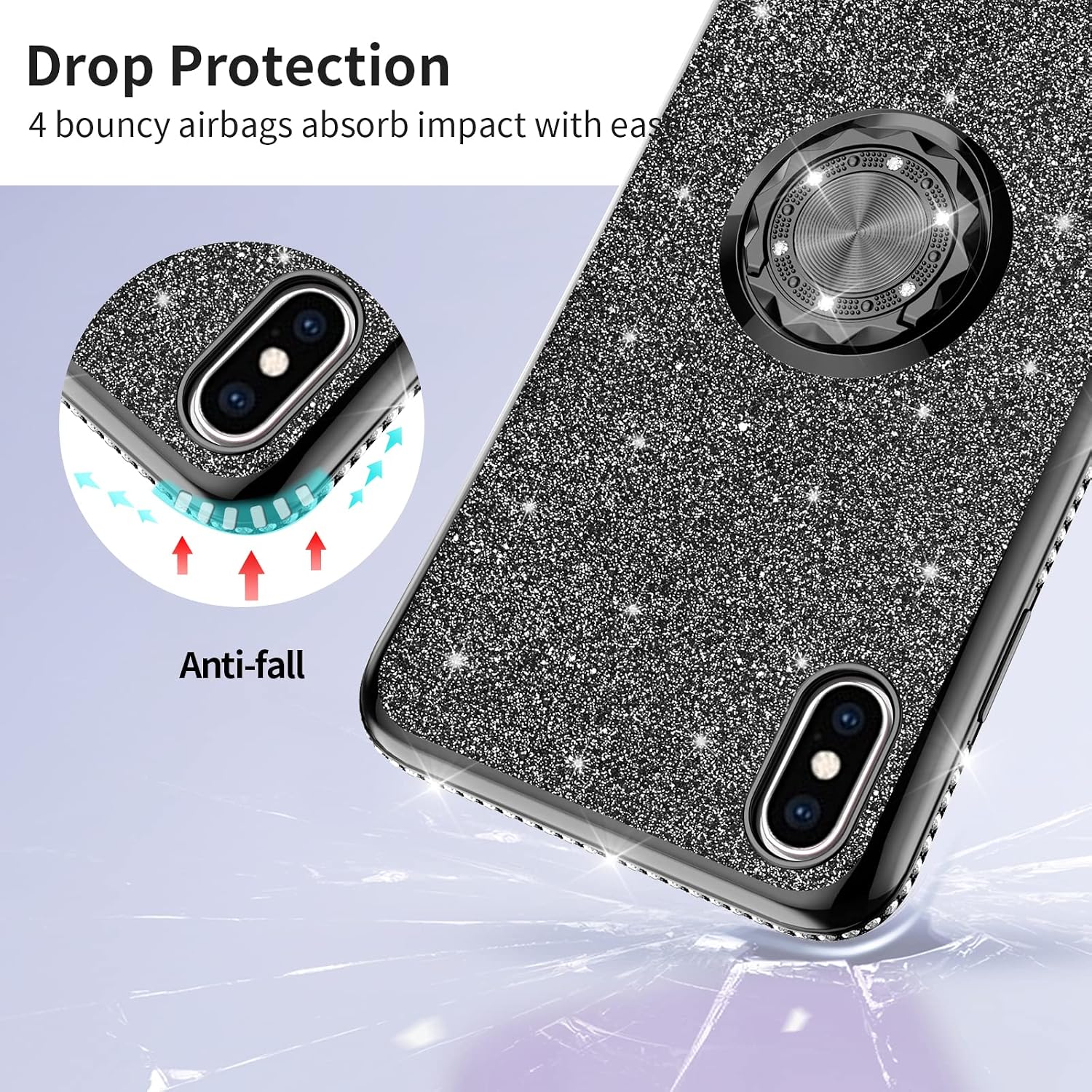 OCYCLONE Glitter Case for iPhone Xs Max Case 6.5 inch, Luxury Bling Diamond Rhinestone Bumper with Ring Stand Protective iPhone Xs Max Case for Women Girl - Black