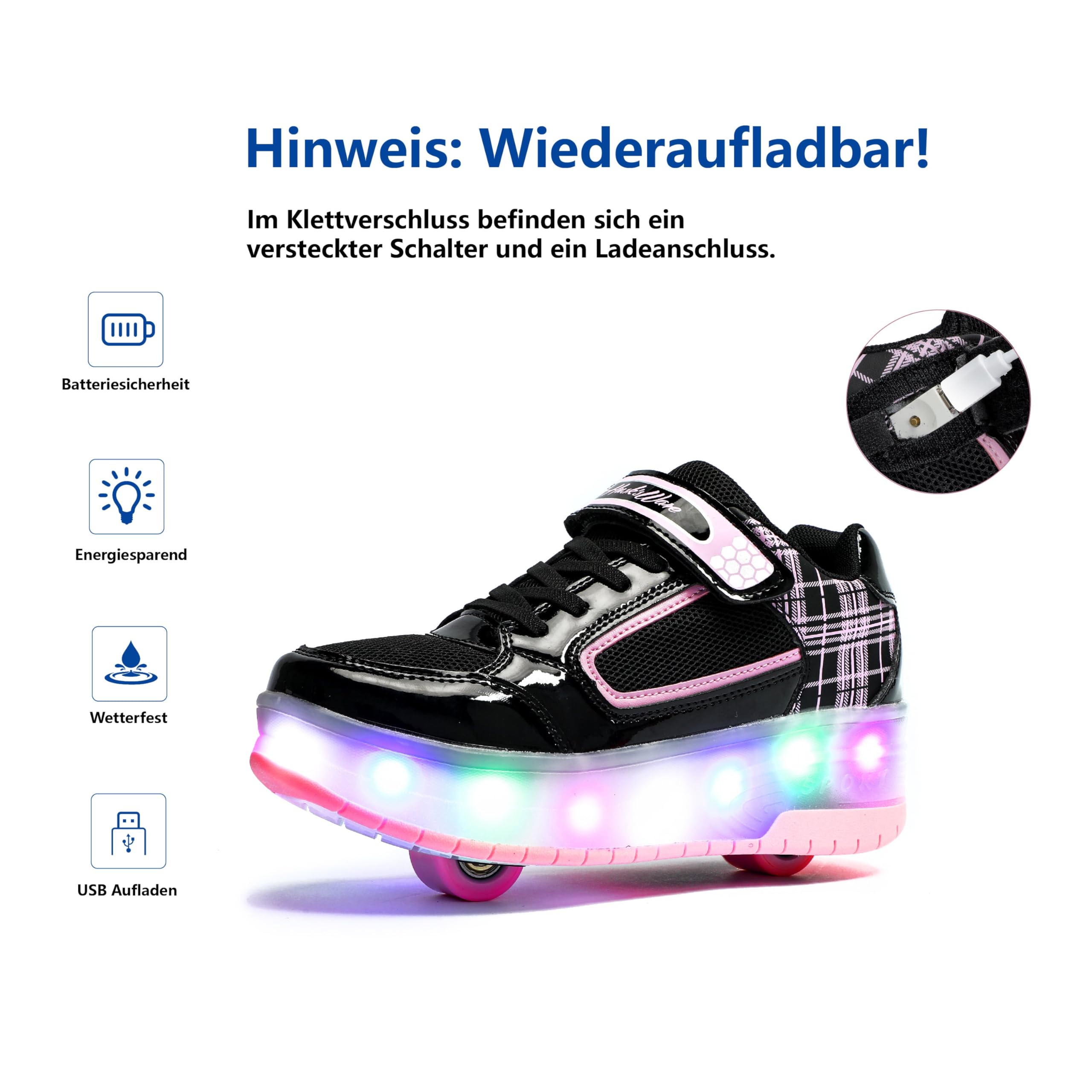 Ragazzi Ragazze Scarpe da Skateboard con 2 Ruote Automatiche, Pattini a rotelle per Bambini con Doppie Ruote, Scarpe da Fitness per Esterno Sneakers, Nero-Rosa, Nero-Bianco, 31-39 EU