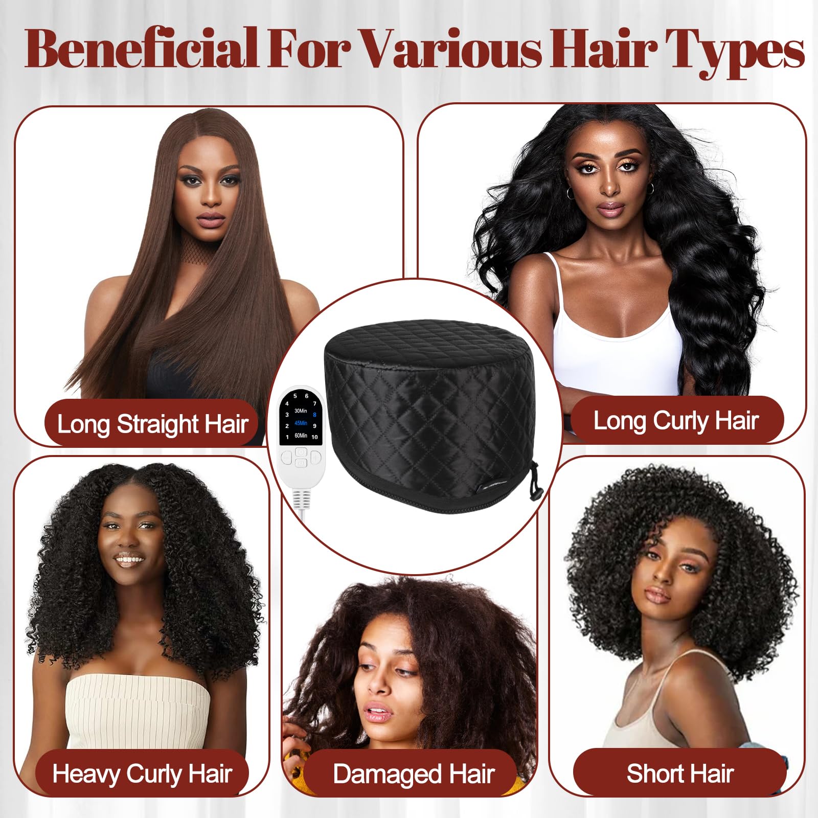 Vaporizador de cabello para acondicionamiento profundo: tapa térmica mejorada con calentamiento rápido de 10 niveles, 3 ajustes de tiempo para cabello natural, tapa de vapor térmica portátil 7