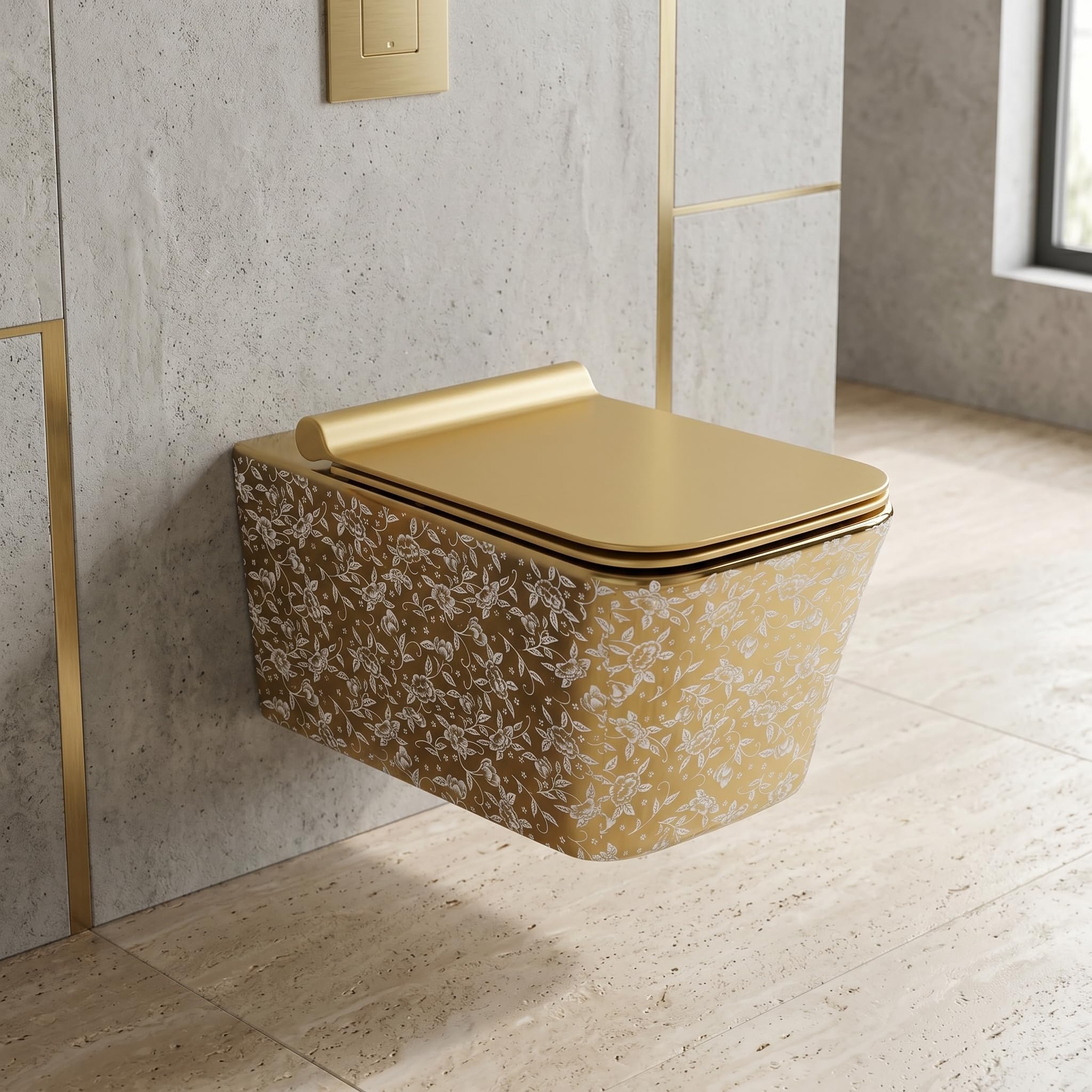 InArt Ceramic Commode Wall Mount/Wall Hung Western Toilet/Water Closet/EWC/WC/European Commode for Bathrooms P Trap Outlet is from Wall with Soft Close Seat Cover Square (Gold Leaf Pattern)