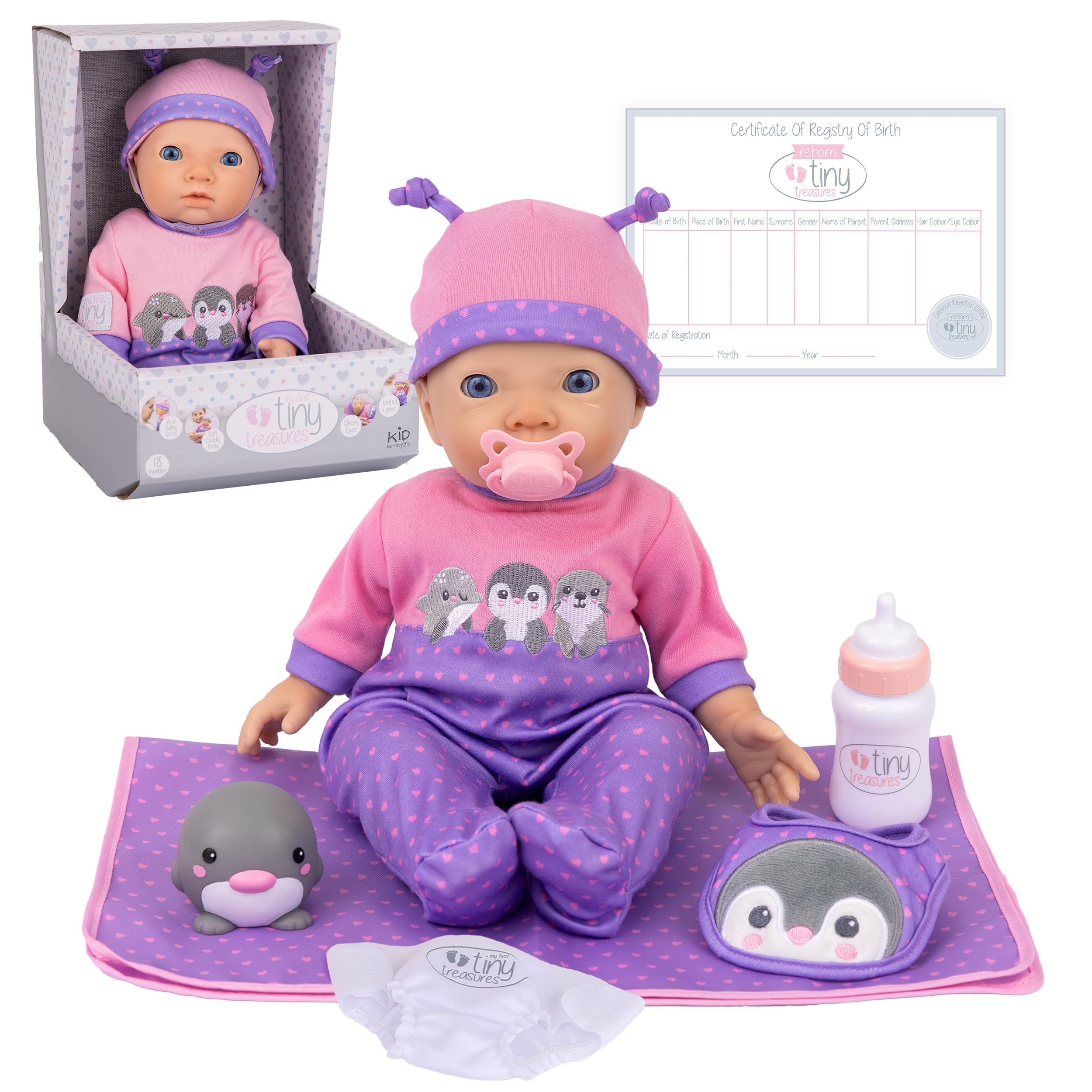Tiny Treasures My First Peekaboo Baby Doll Set - 36cm Realistic Baby Doll with Bottle, Dummy, Bib, Nappy, Changing Mat & Accessories