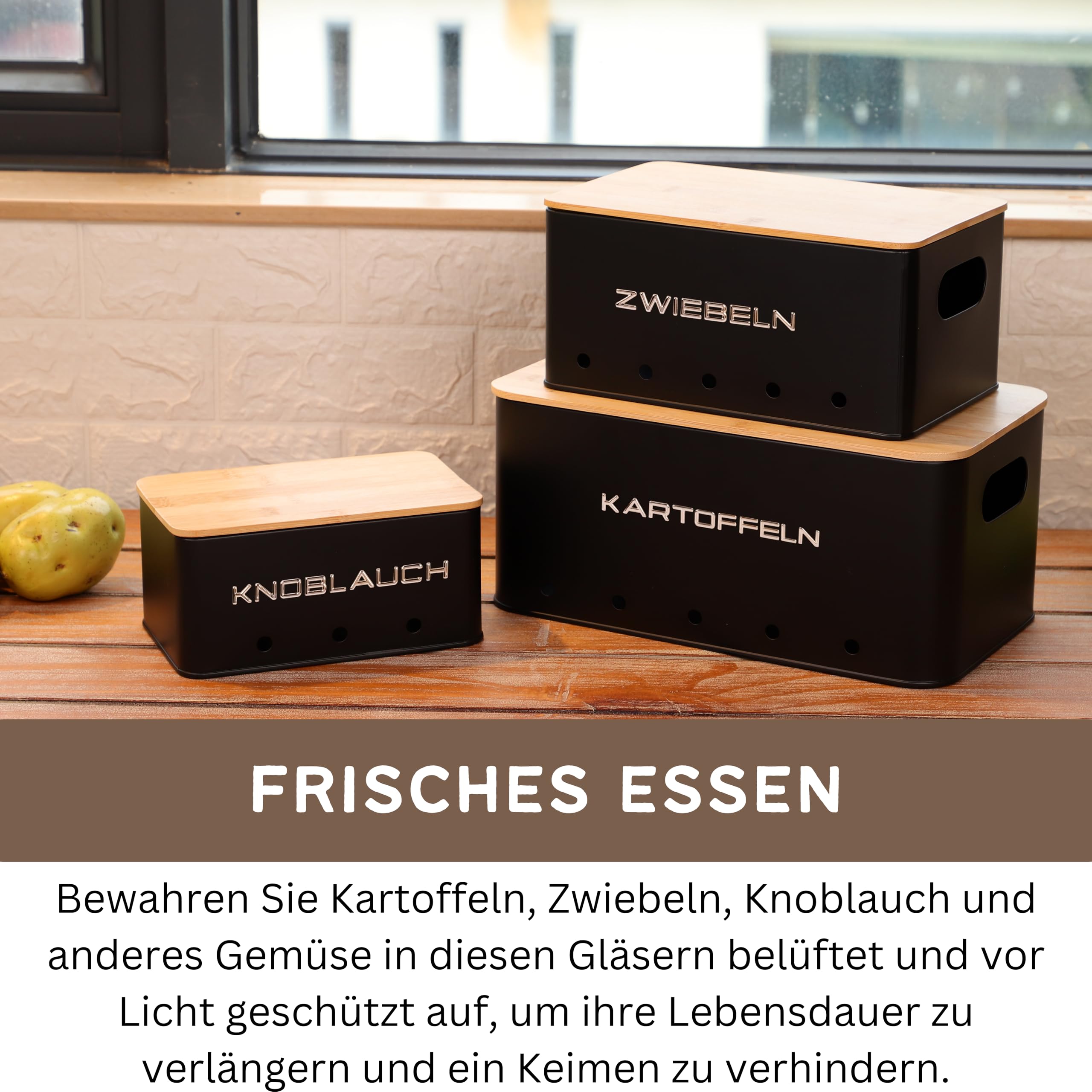 kartoffel aufbewahrungsbox - Set 3 aufbewahrung kartoffeln zwiebeln knoblauch - gemüse aufbewahrung mit kleinen lüftungslöcherne, um die luftzirkulation zu gewährleisten - Mattschwarz