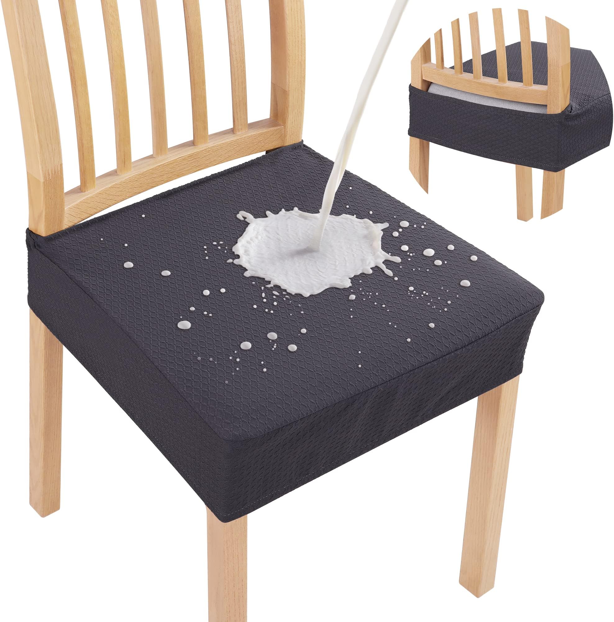 smiry Waterproof Seat Covers for Dining Room Chairs Set of 4, Stretch Jacquard Removable Washable Chair Seat Slipcovers Protector, No Rear Covers, Dark Grey