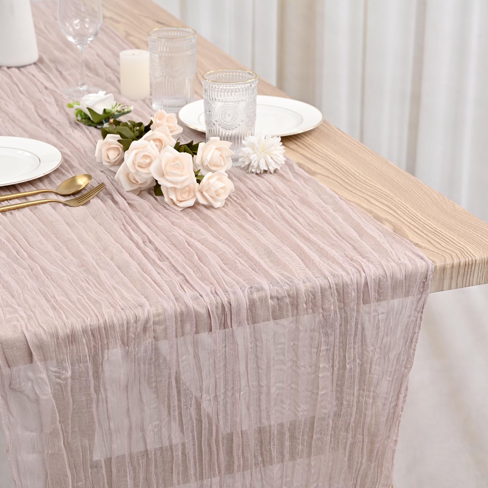 Paquete de 12 caminos de mesa de gasa rosa polvoriento, 35 x 120 pulgadas, 10 pies, camino de mesa rústico bohemio para boda, despedida de soltera, graduación, banquete, decoración de mesa