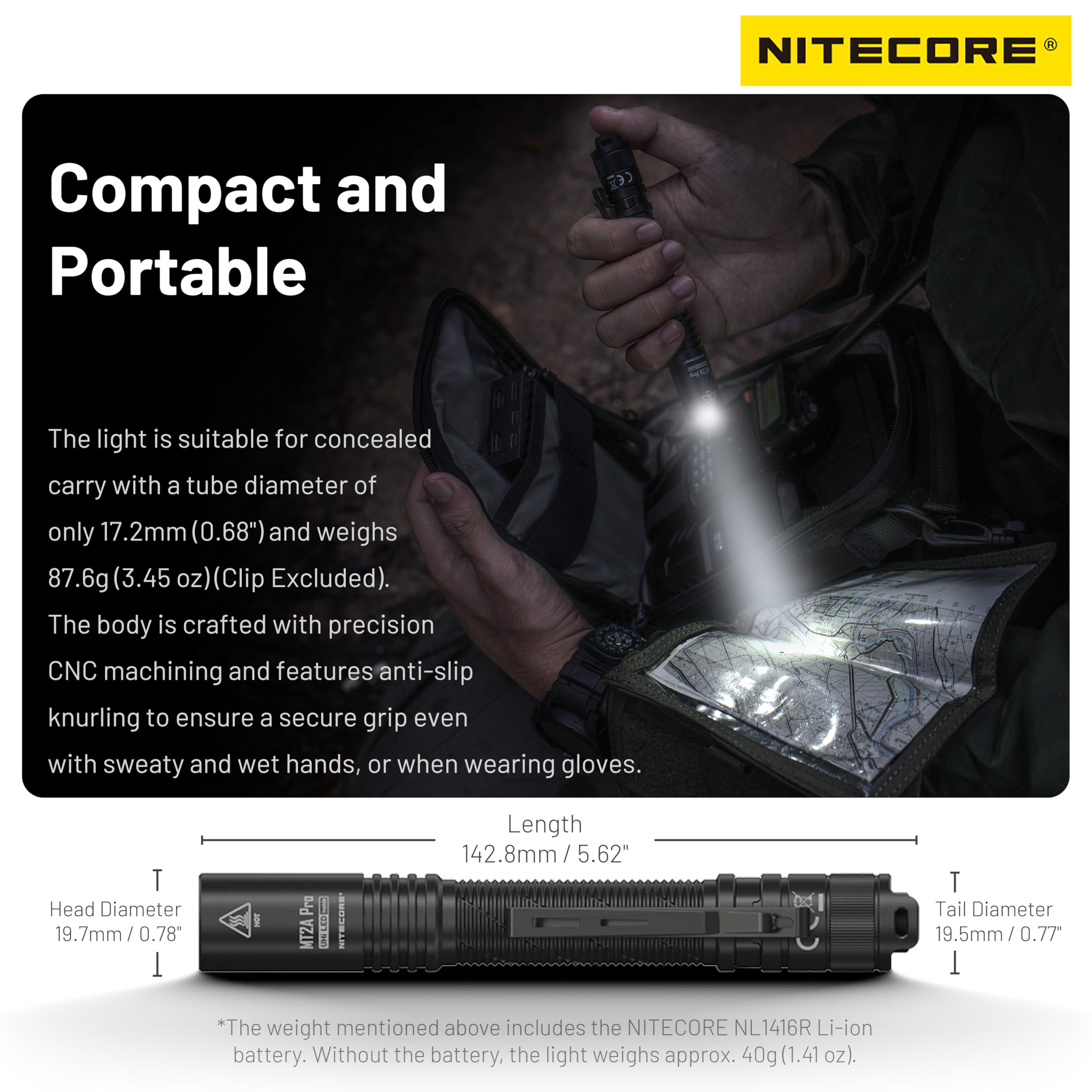 Torcia Nitecore MT2A Pro, Ricaricabile, 1000 Lumen, Alta Prestazione, Batteria AA