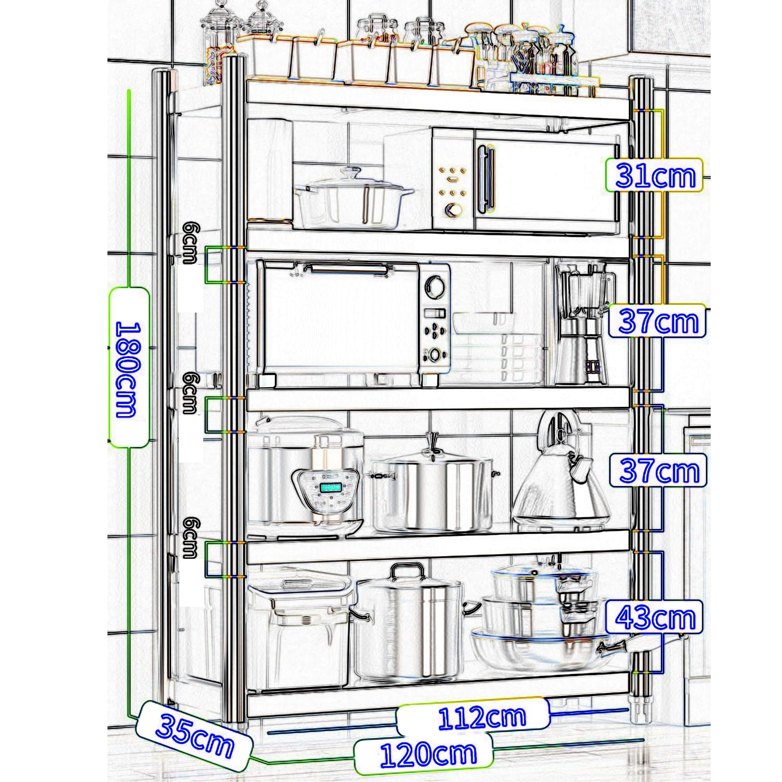 Scaffale regolabile in acciaio inox a 5 ripiani, 120 x 35 x 180 cm, perfetto per casa, cucina, ufficio, garage, ristorante e soluzioni di archiviazione commerciali.