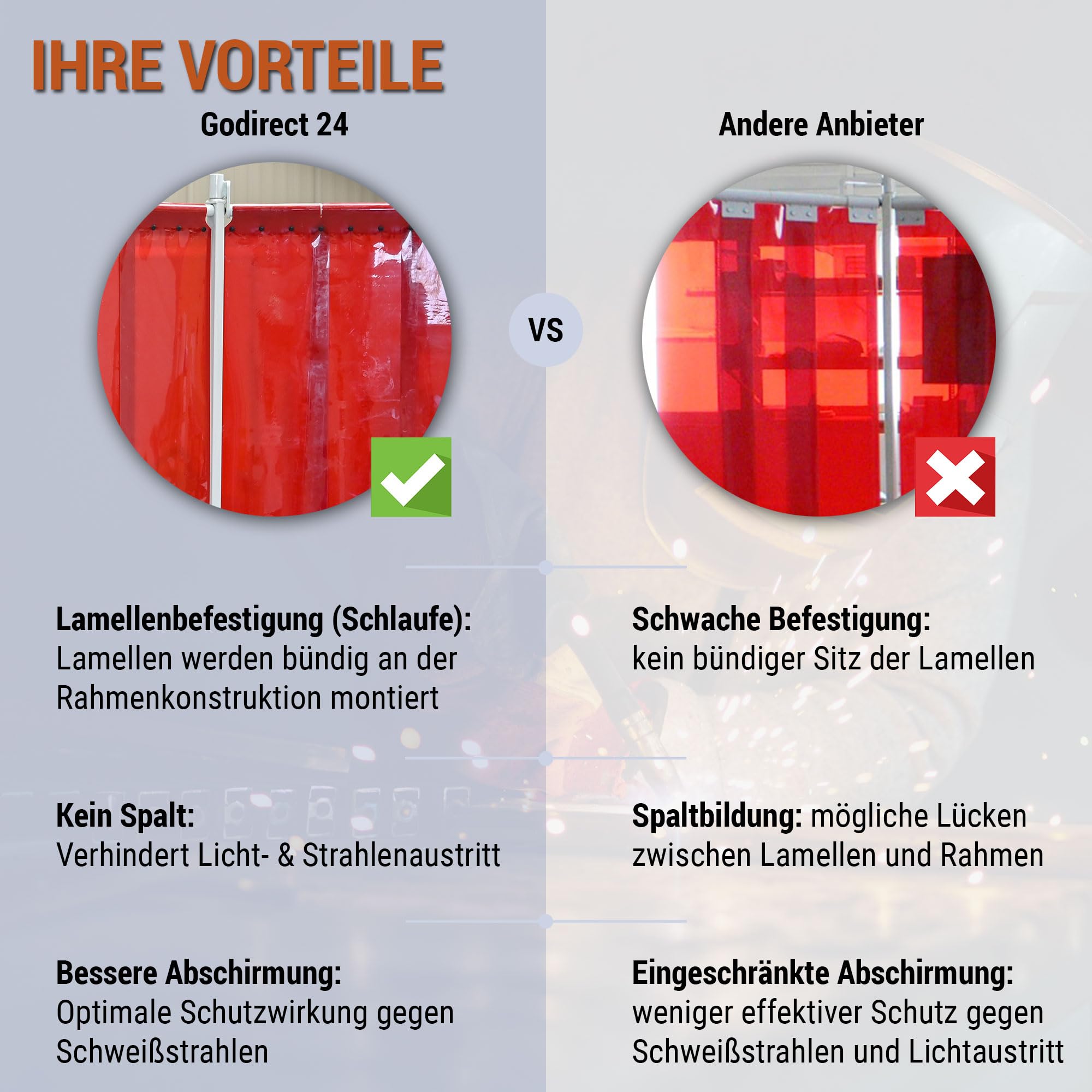 mobile & fahrbare Schweißschutz Stellwand, 3-teilig, B370 x H210cm, extra robust, mit Lamellen rot, Schutzwand nach EN ISO 25980